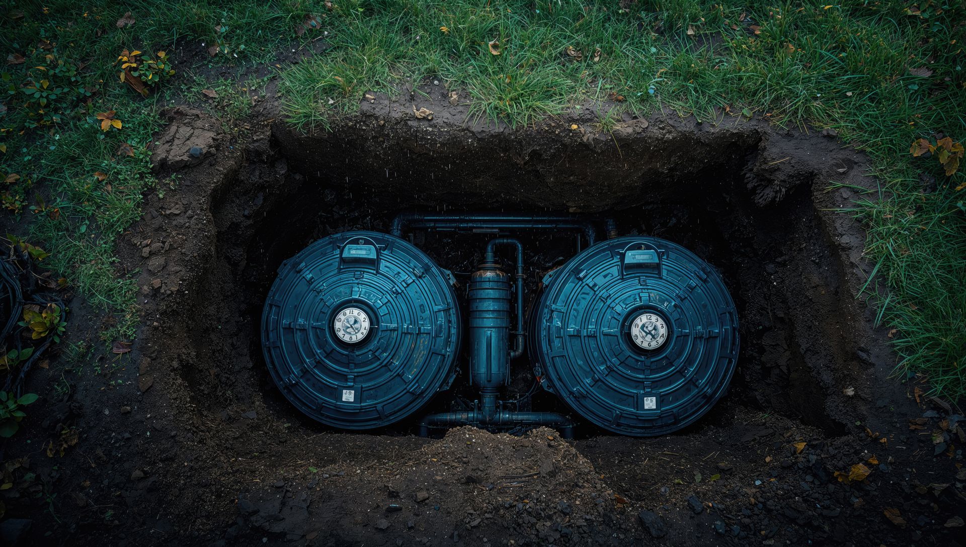 Deux réservoirs circulaires bleu foncé reliés par des tuyaux dans une fosse en terre.