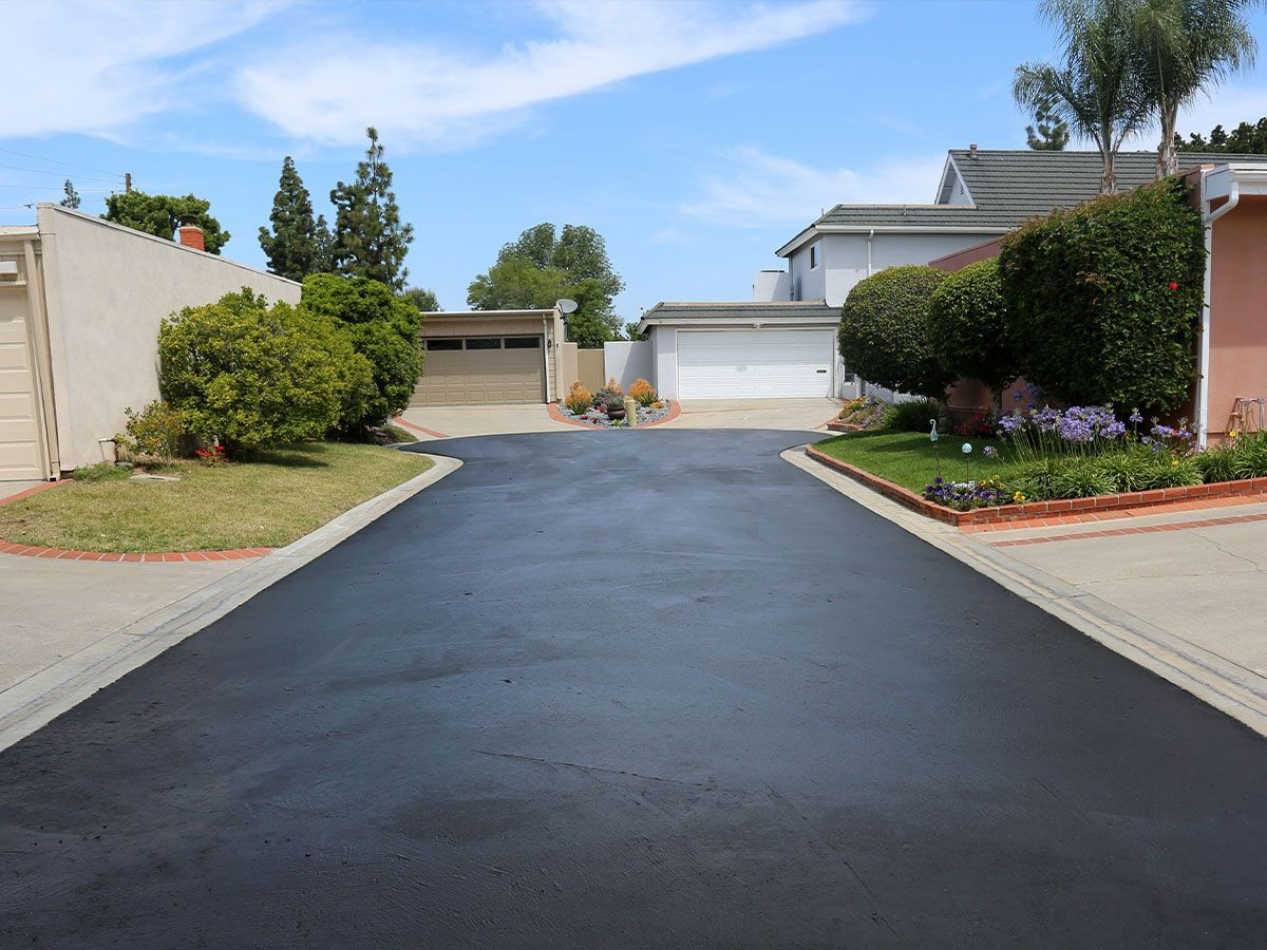 Allée asphaltée neuve bordée de maisons et d'aménagements paysagers par une journée ensoleillée.