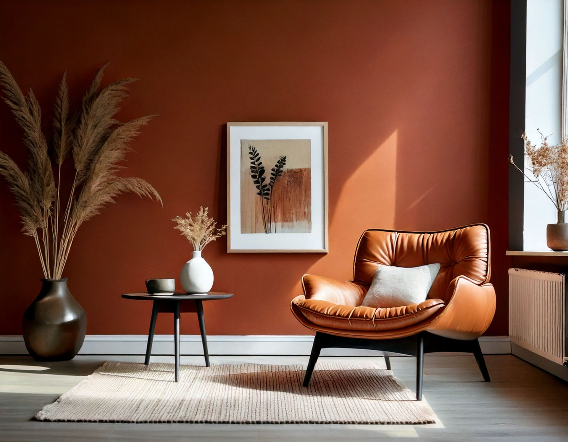 Salon moderne avec un mur couleur rouille, un fauteuil en cuir beige, une table d'appoint, un vase et une œuvre d'art botanique encadrée.