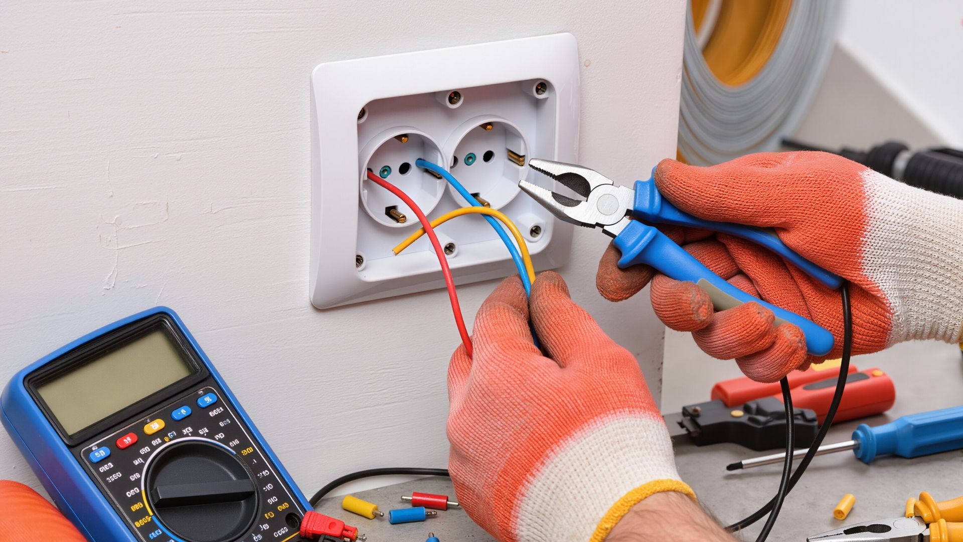 Un électricien installe une prise murale à l'aide d'une pince et d'un multimètre à proximité.