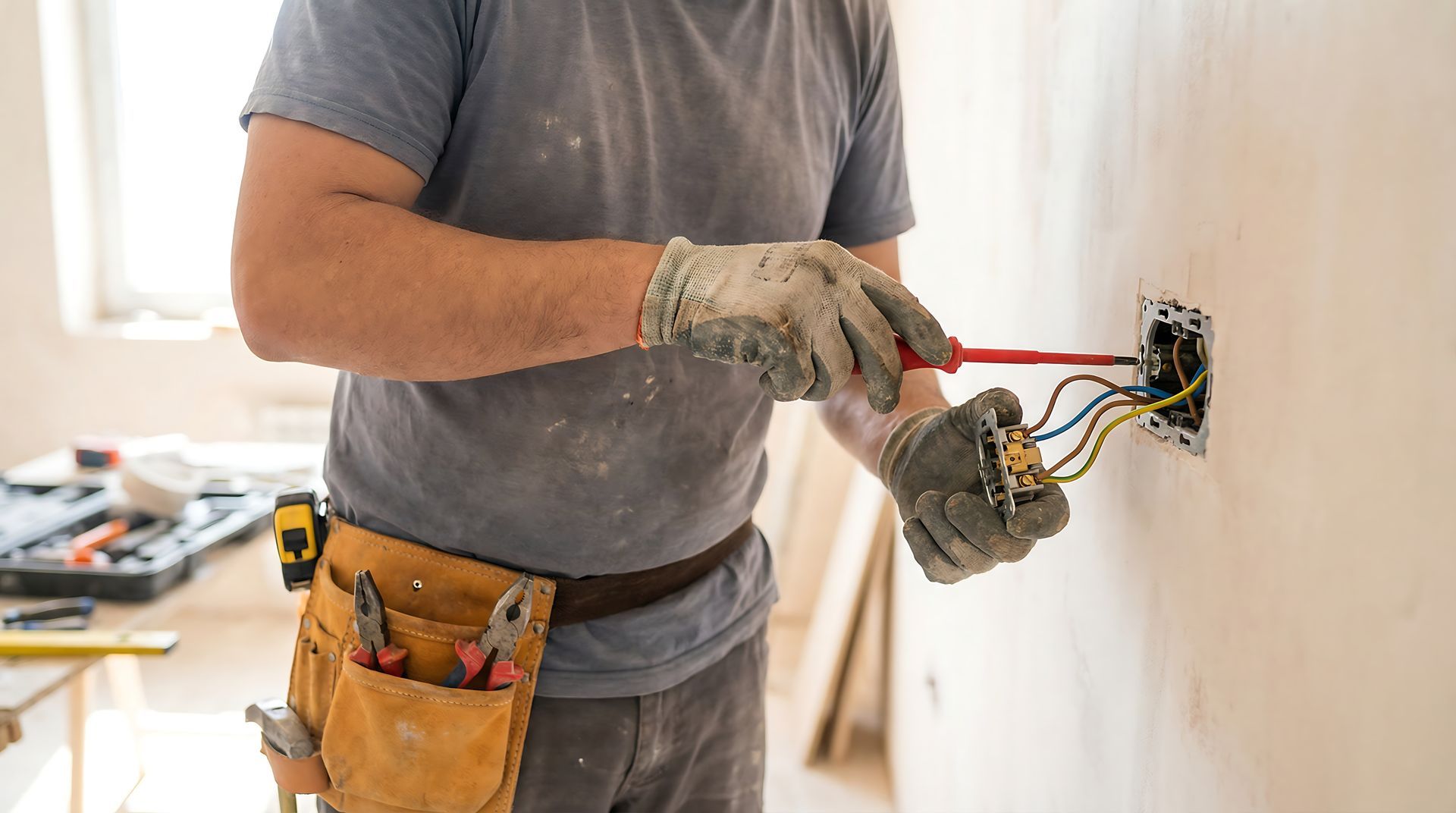 Un électricien effectue le câblage d'une prise murale lors de travaux de rénovation domiciliaire, avec ses outils à la ceinture.