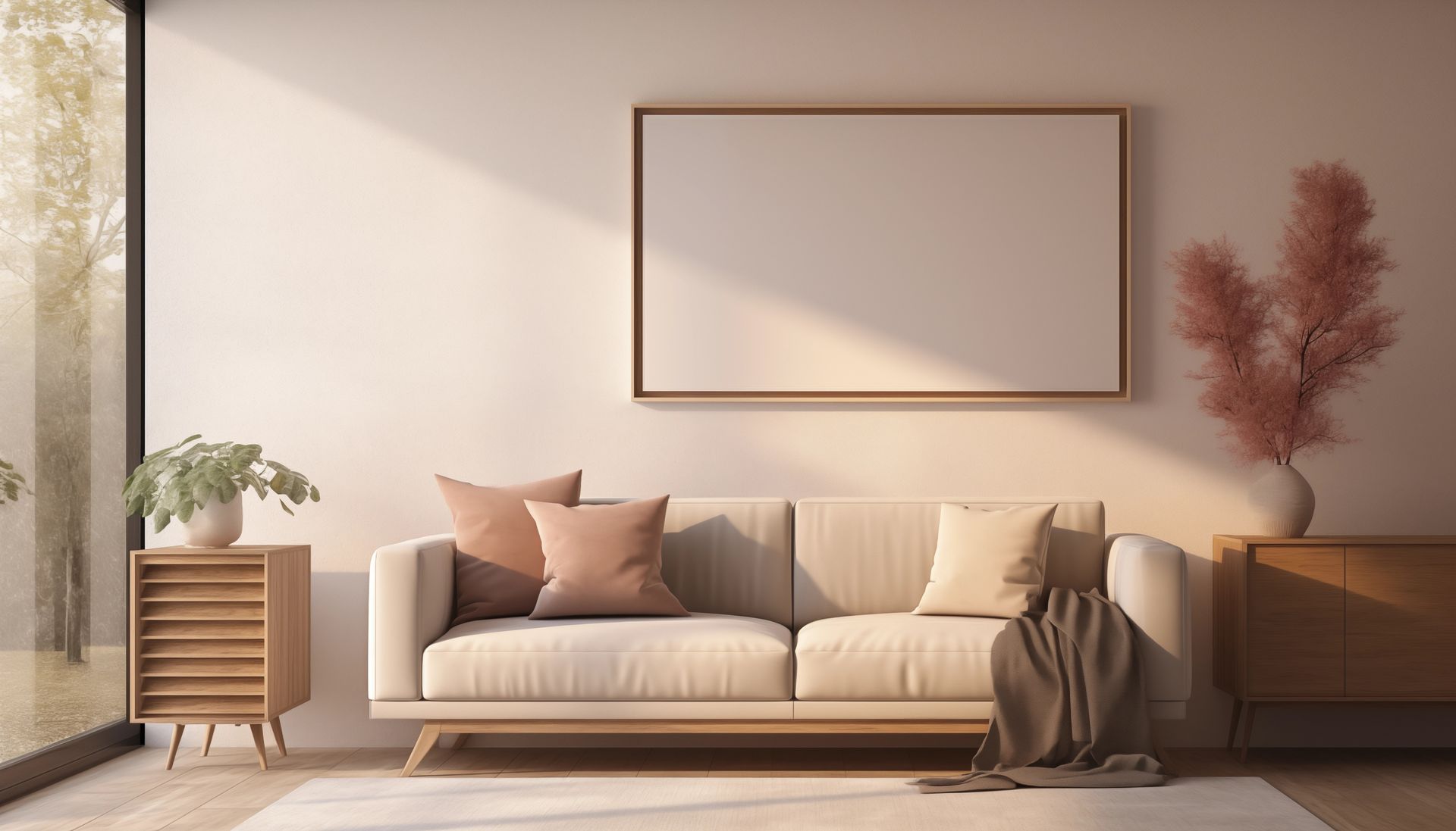 Salon minimaliste et lumineux avec canapé beige, tableaux encadrés, plante en pot et décoration florale séchée.