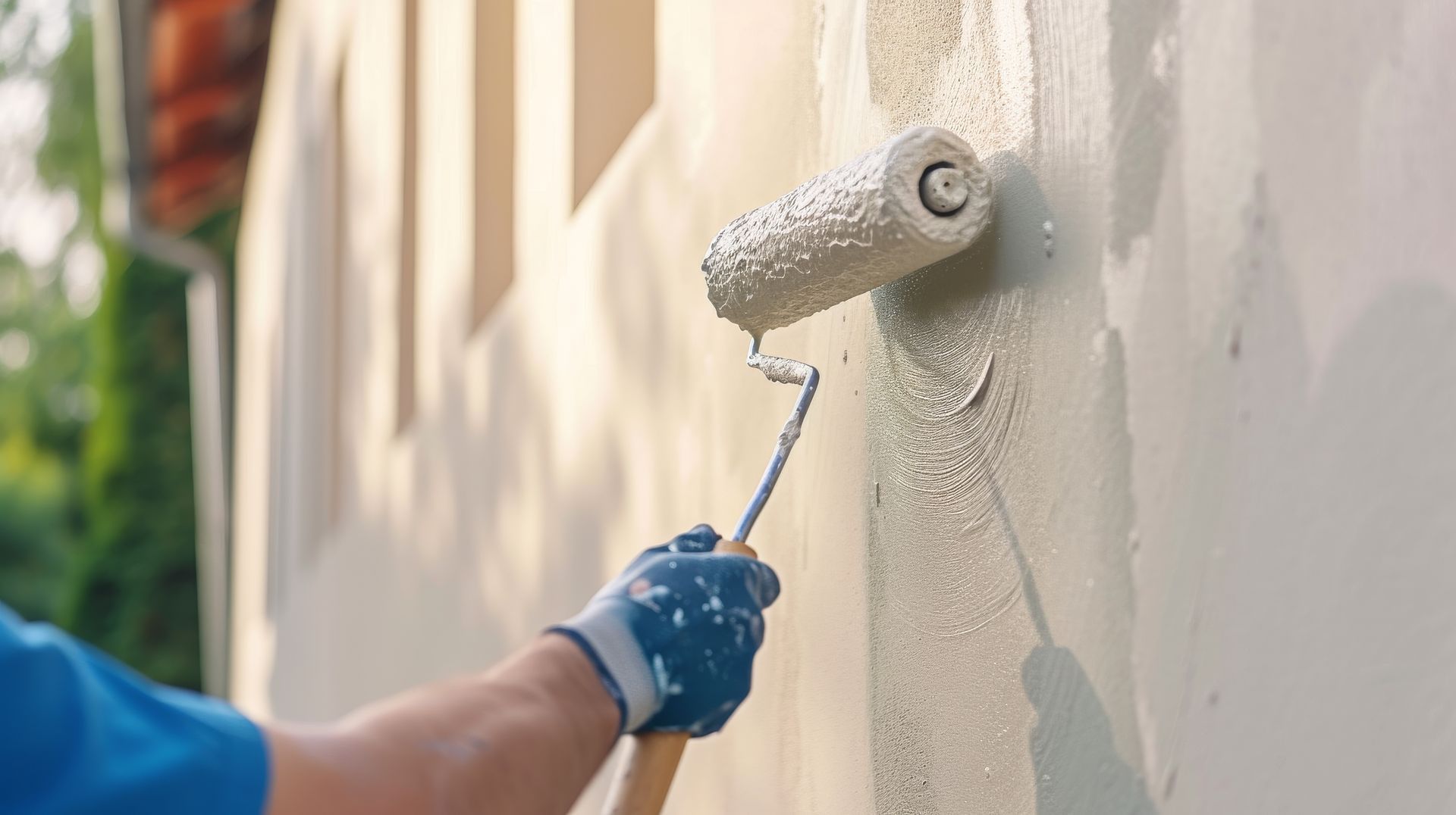 Une personne peint un mur extérieur au rouleau, appliquant une peinture beige clair à l'extérieur.
