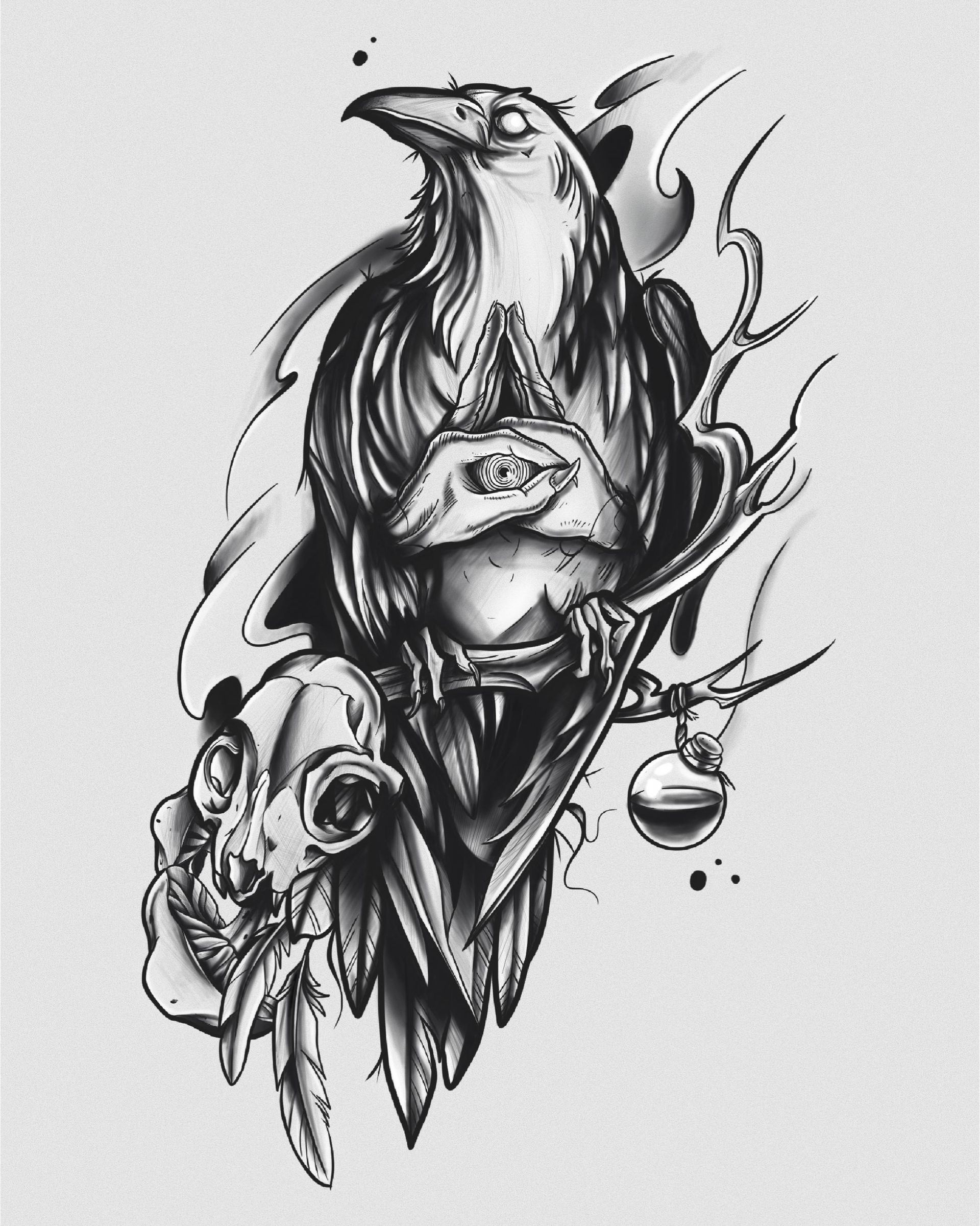 Un dibujo en blanco y negro de un cuervo sosteniendo una calavera.