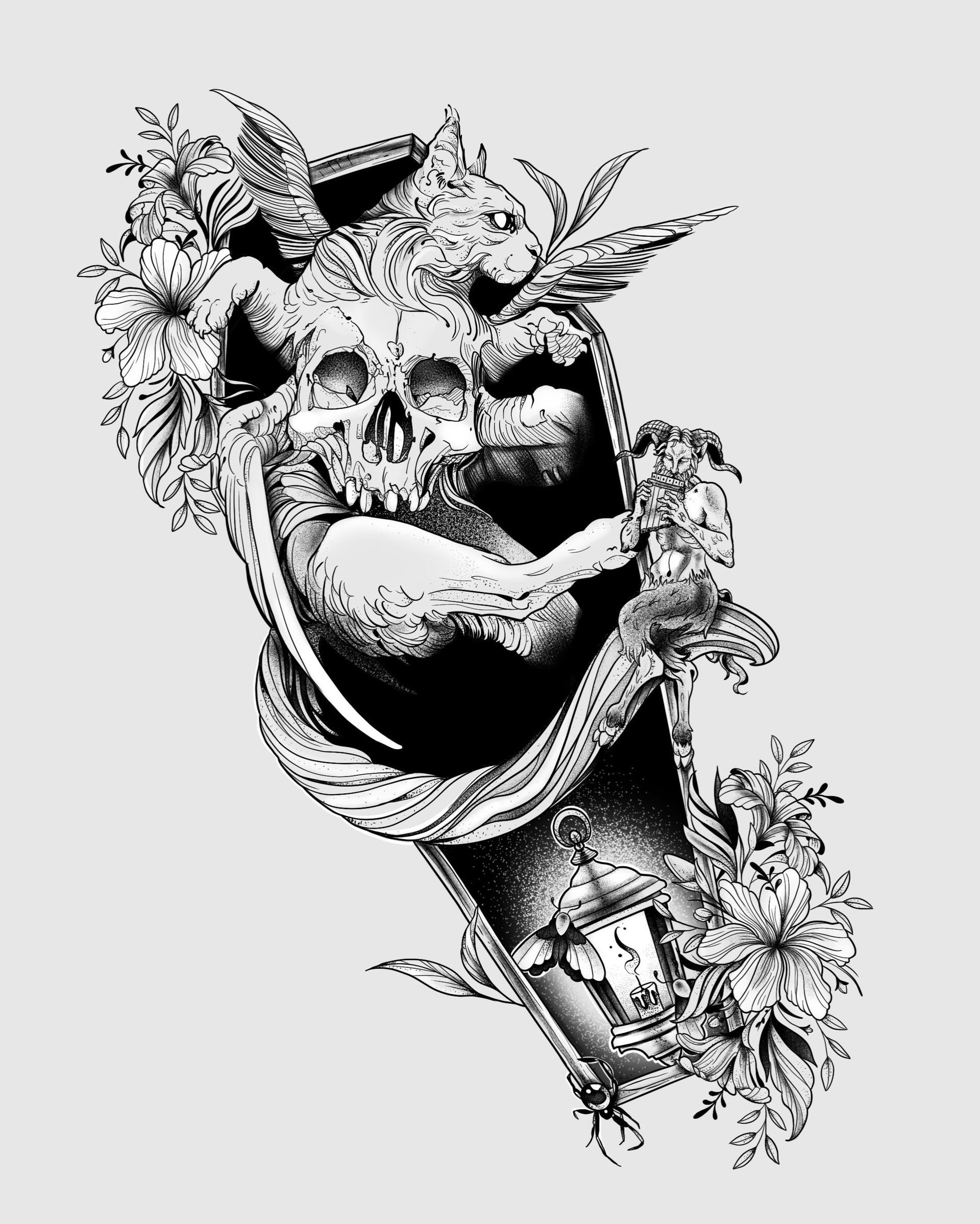 Un dibujo en blanco y negro de una calavera rodeada de flores.