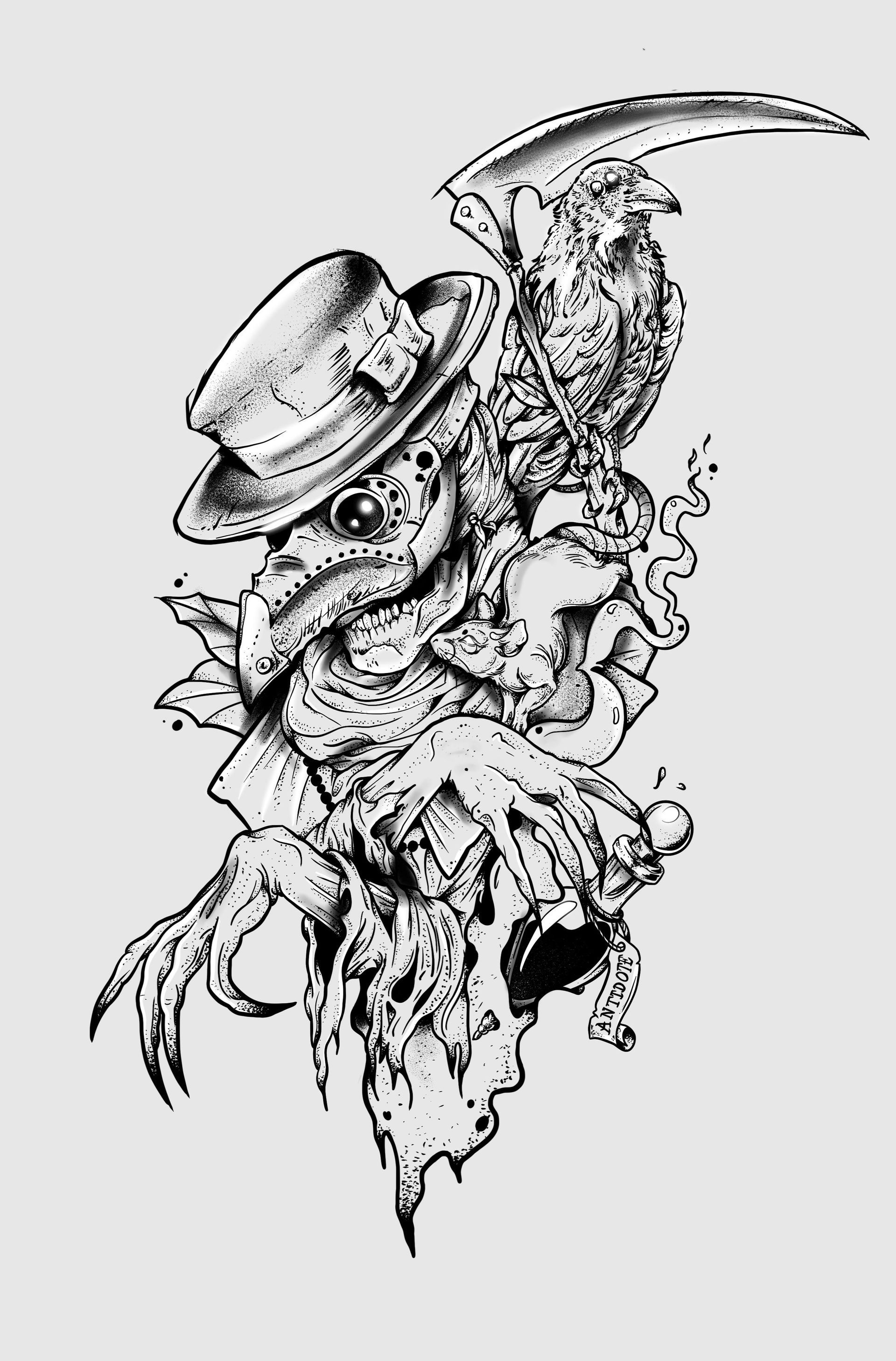 Un dibujo en blanco y negro de un médico de la peste.