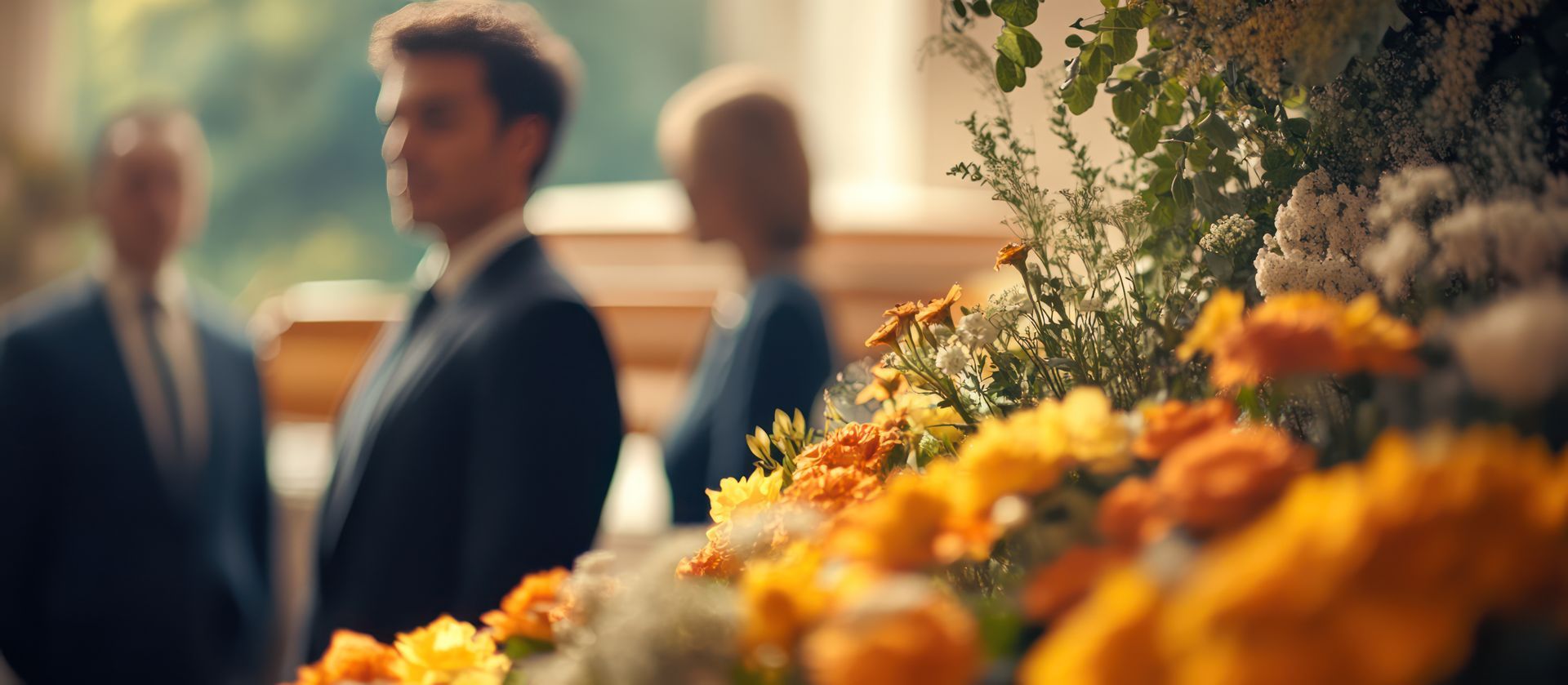 Bouquet de fleurs orange - deux personnes en fond