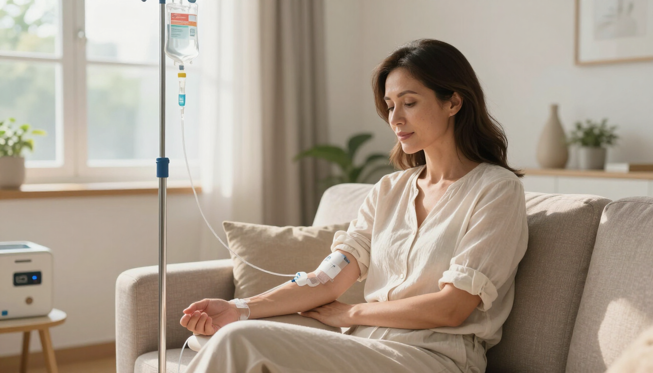 Une infirmière en blouse turquoise réconforte doucement un patient âgé dans une salle de soins lumineuse.