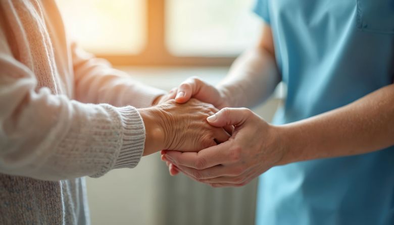 Deux personnes se tenant la main dans une pièce chaleureuse et tamisée