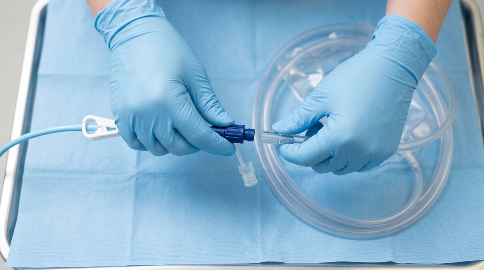 Des mains gantées raccordent un tube médical bleu à un autre tube transparent sur un champ stérile.