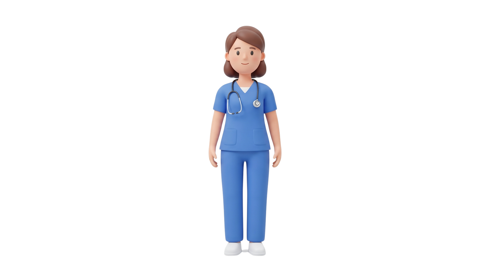 Personnage d'une infirmière en blouse bleue avec un stéthoscope autour du cou.
