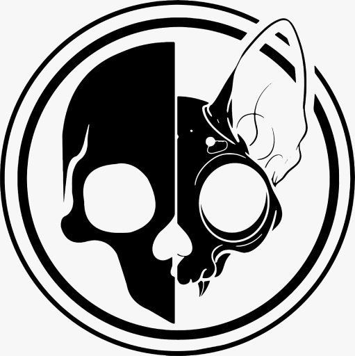 Logotipo circular en blanco y negro con una calavera en una mitad y una cara de conejo en la otra