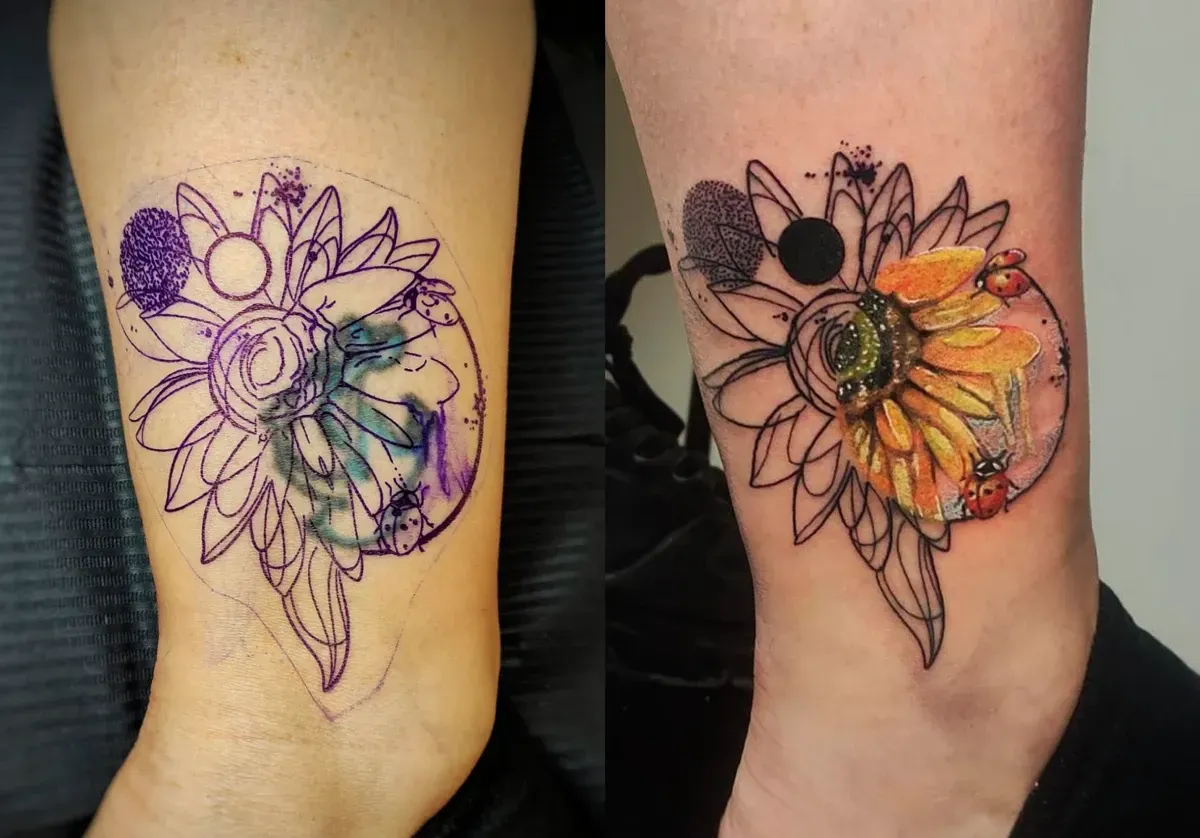 Tatuaje en el antebrazo, antes y después, en paralelo: una flor de líneas, luego coloreada con toques morados