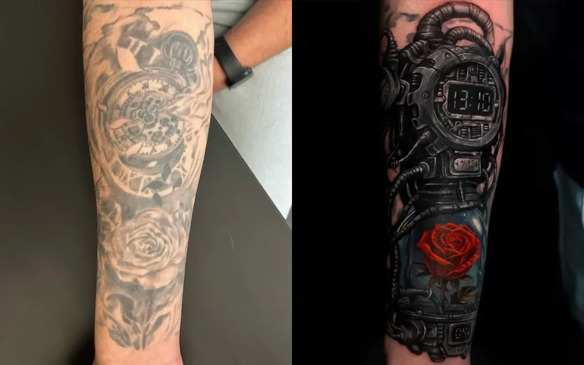Tatuajes en los antebrazos, uno junto al otro: retrato gris desvaído a la izquierda y tatuaje mecánico negro con una rosa