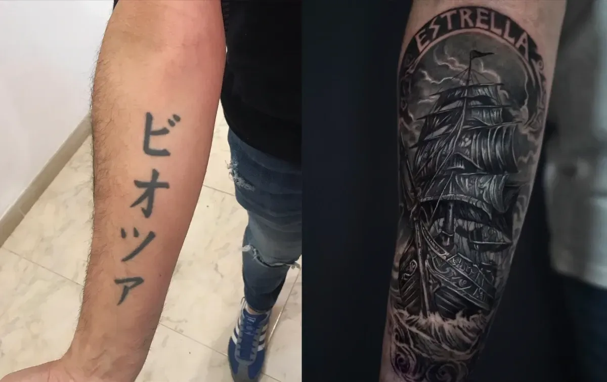 Tatuajes a juego en los antebrazos: caracteres japoneses en un brazo y un diseño de un barco oscuro en el otro.