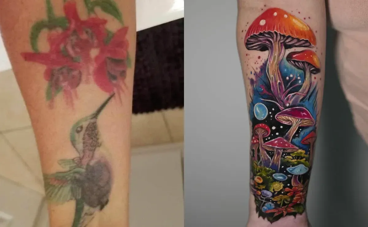 Dos tatuajes en el antebrazo: una flor roja descolorida y un colibrí, y una vibrante escena colorida de setas.
