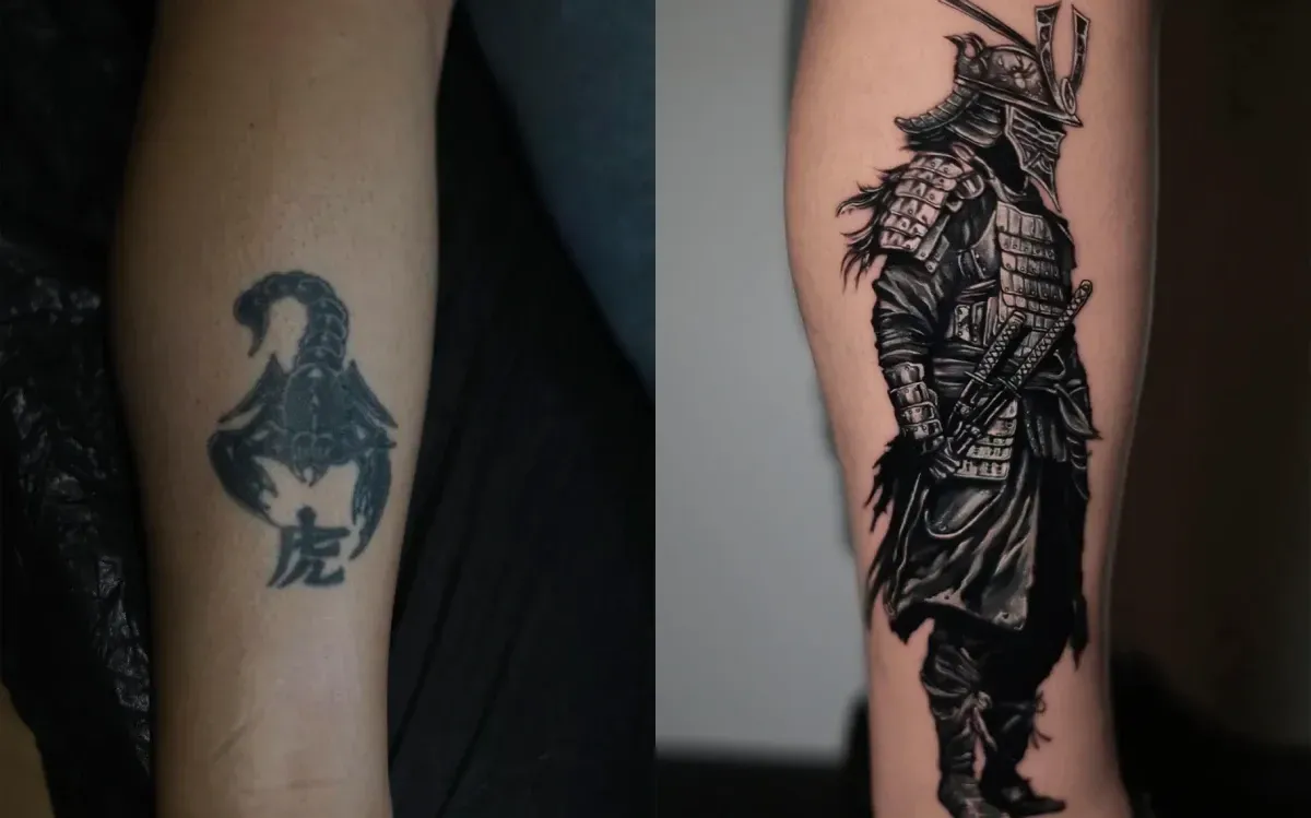Dos antebrazos tatuados uno junto al otro, uno con un pequeño emblema oscuro y el otro con un gran tatuaje