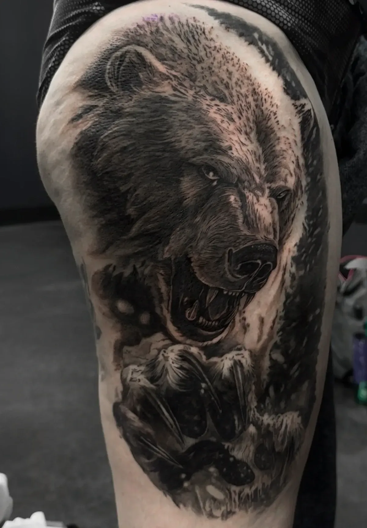 Tatuaje de un oso en negro y gris en la parte superior del brazo de una persona, que muestra a un oso gruñendo