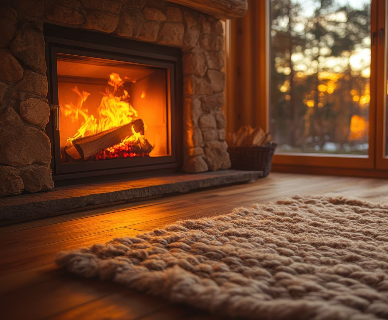 Un tapis en laine à côté d'une cheminée