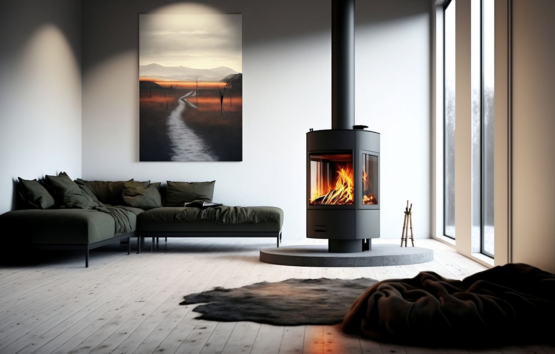 Un poêle installé dans un grand salon