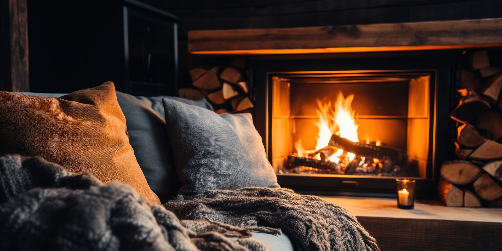 Des coussins devant une cheminée