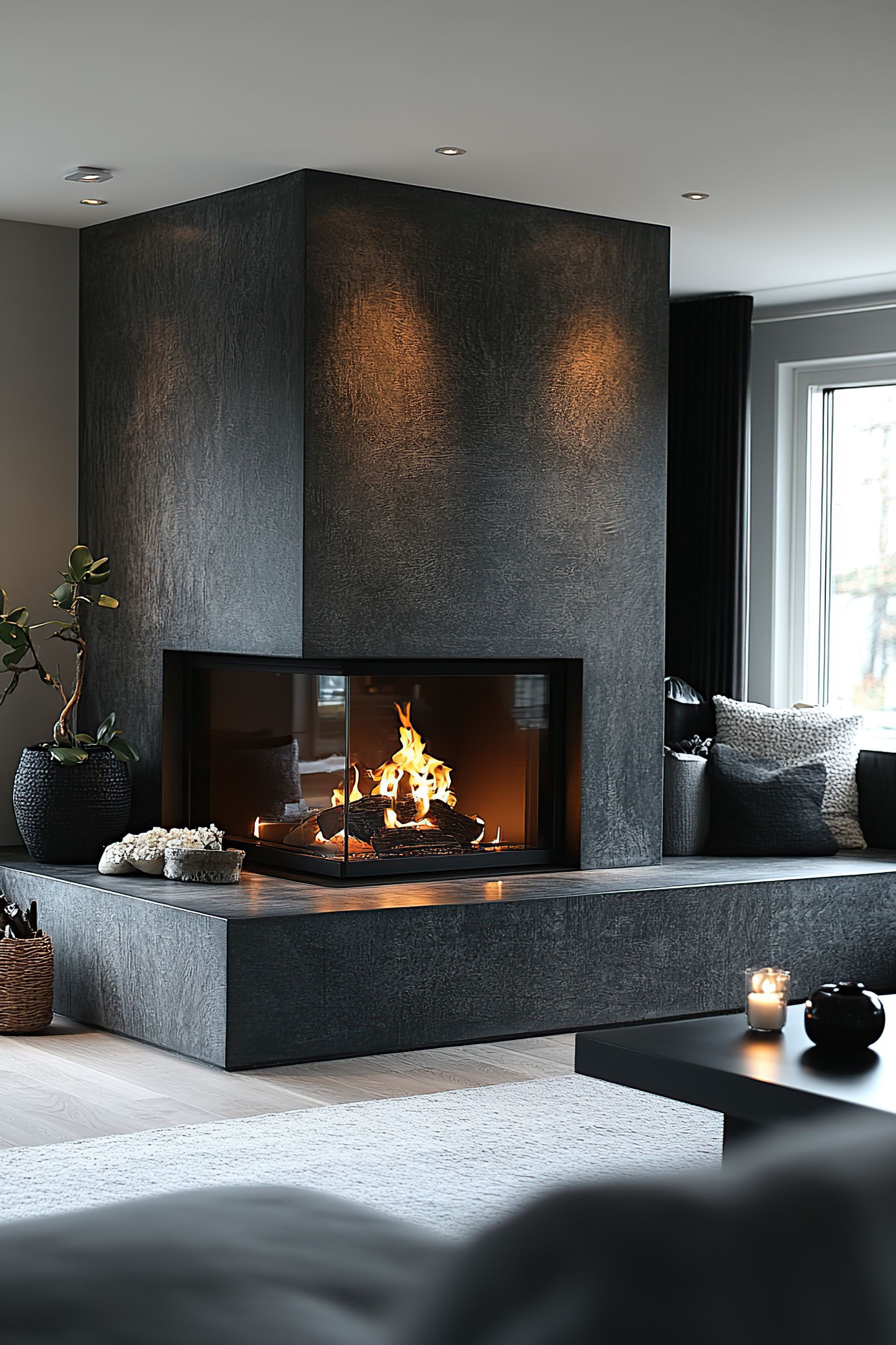 Une femme assise devant sa cheminée