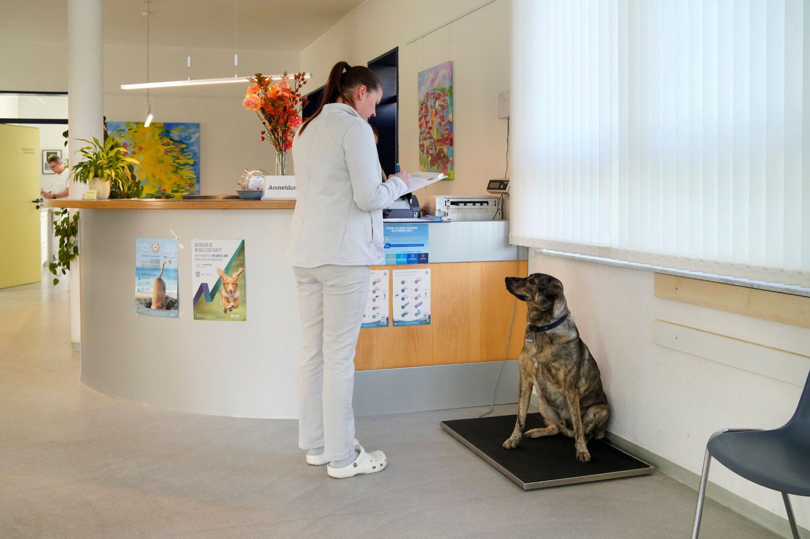 In einem Wartezimmer sitzt ein Hund neben einer Frau auf einer Matte.