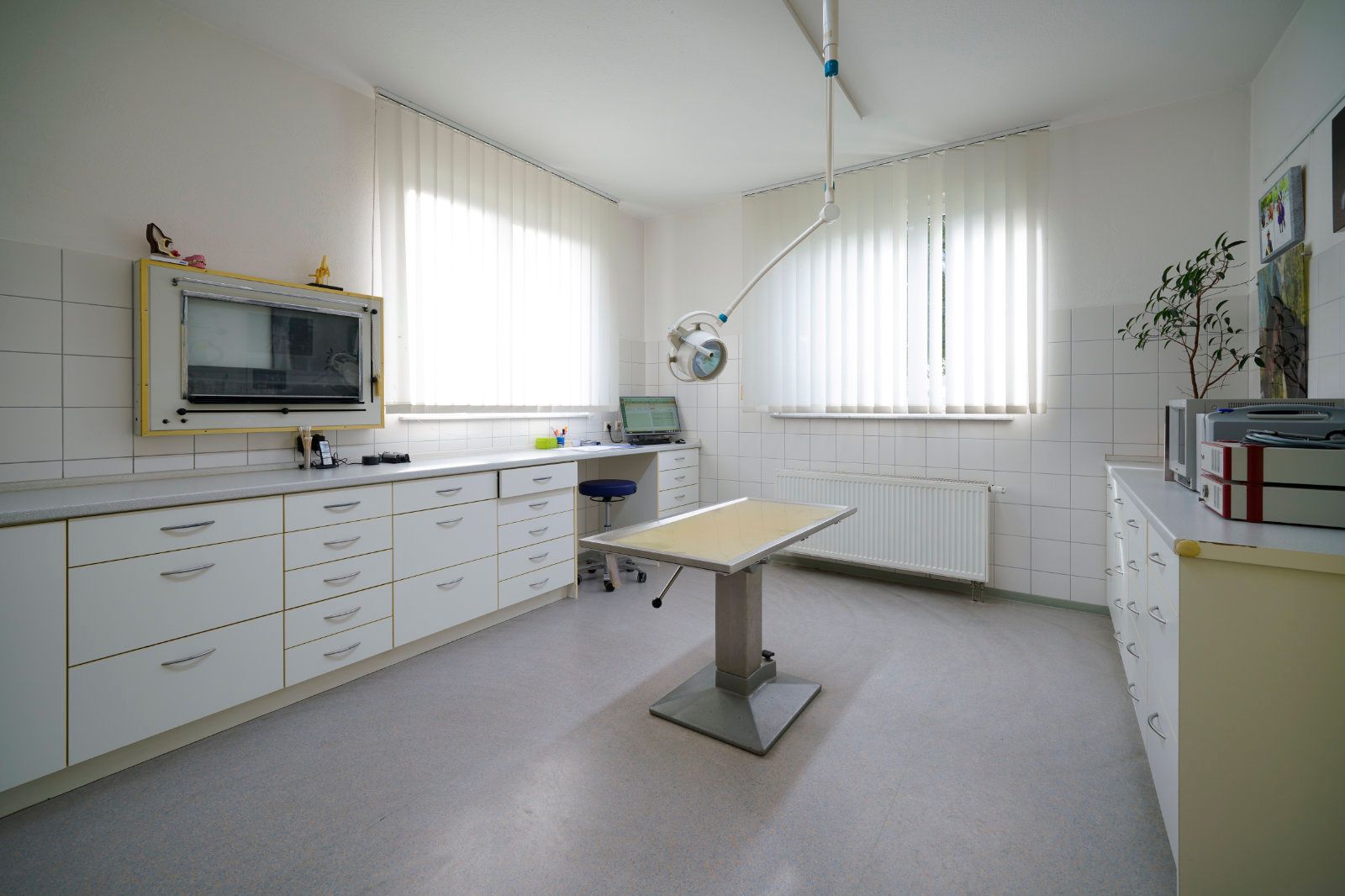 Eine Tierarztpraxis mit Tisch und Schränken