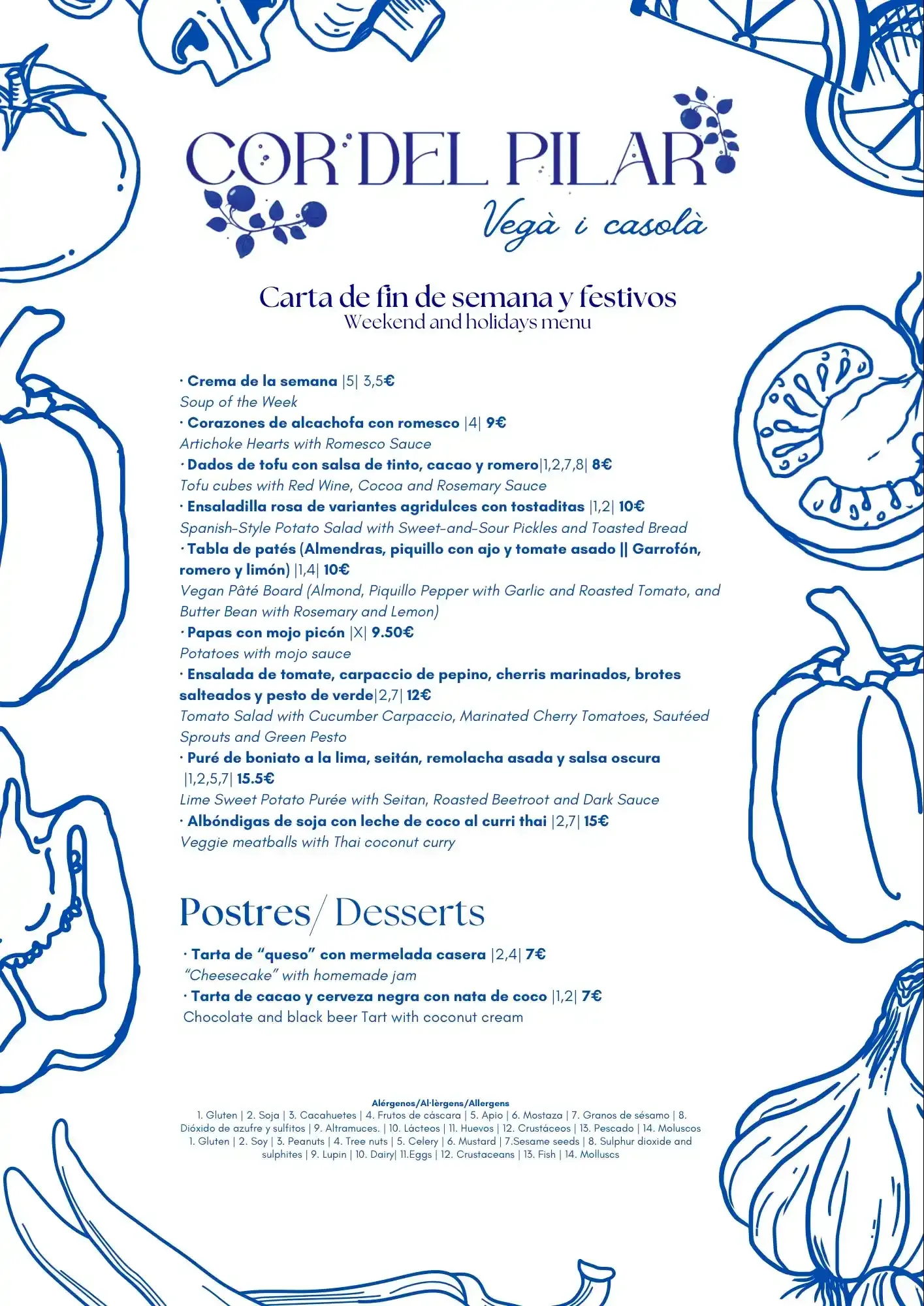 Folleto ilustrado en azul y blanco para un evento de cena de cosecha con borde de calabazas y verduras.