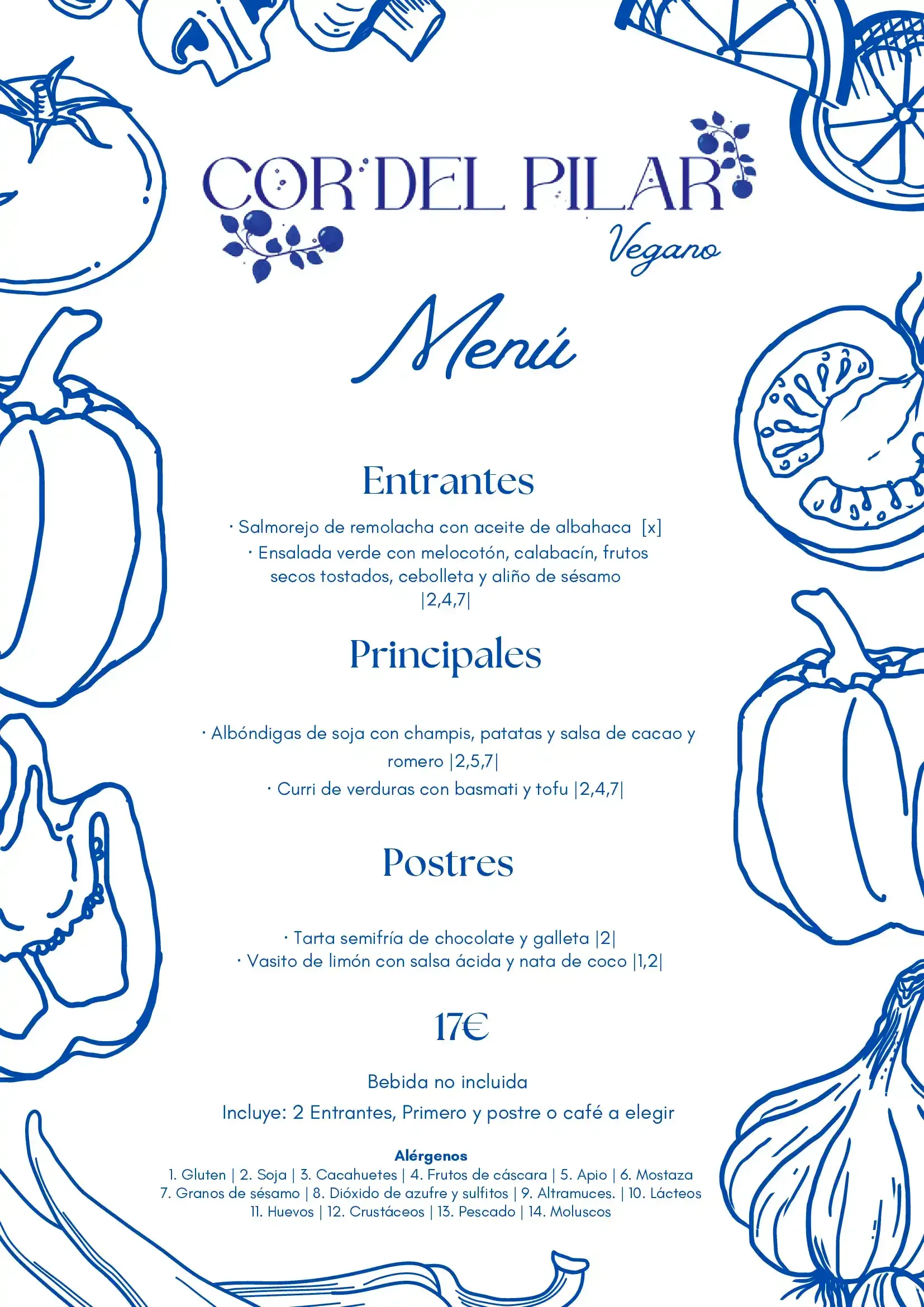 Menú de restaurante en azul Cor del Pilar