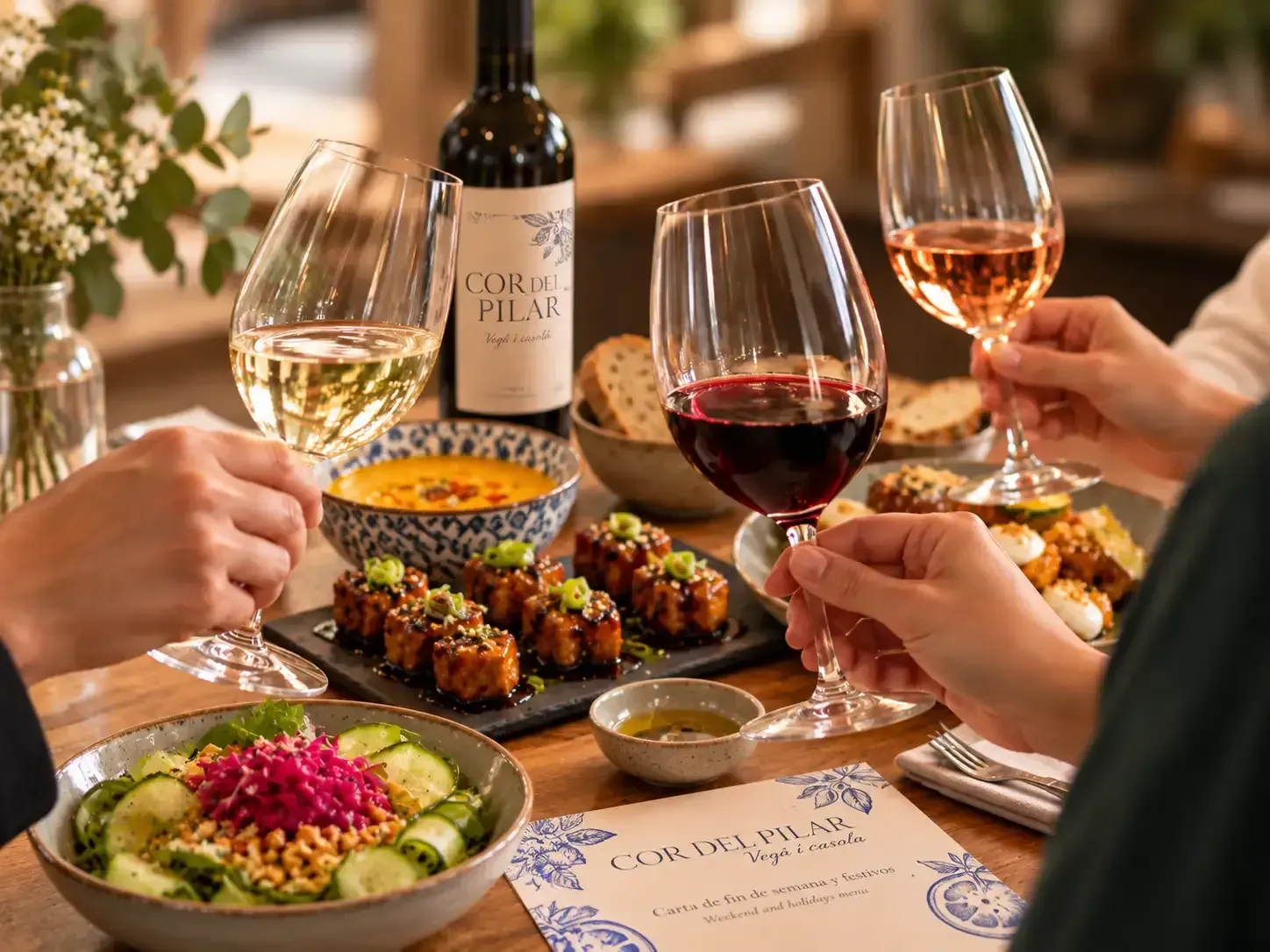 Amigos brindando con copas de vino alrededor de una mesa compartida con platos coloridos y una botella de vino.