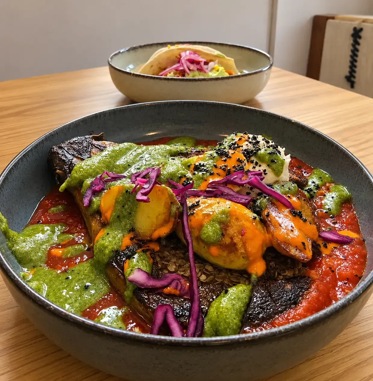 Plato gourmet colorido con salsa verde, verduras naranjas y col morada en un tazón negro sobre una mesa de madera.