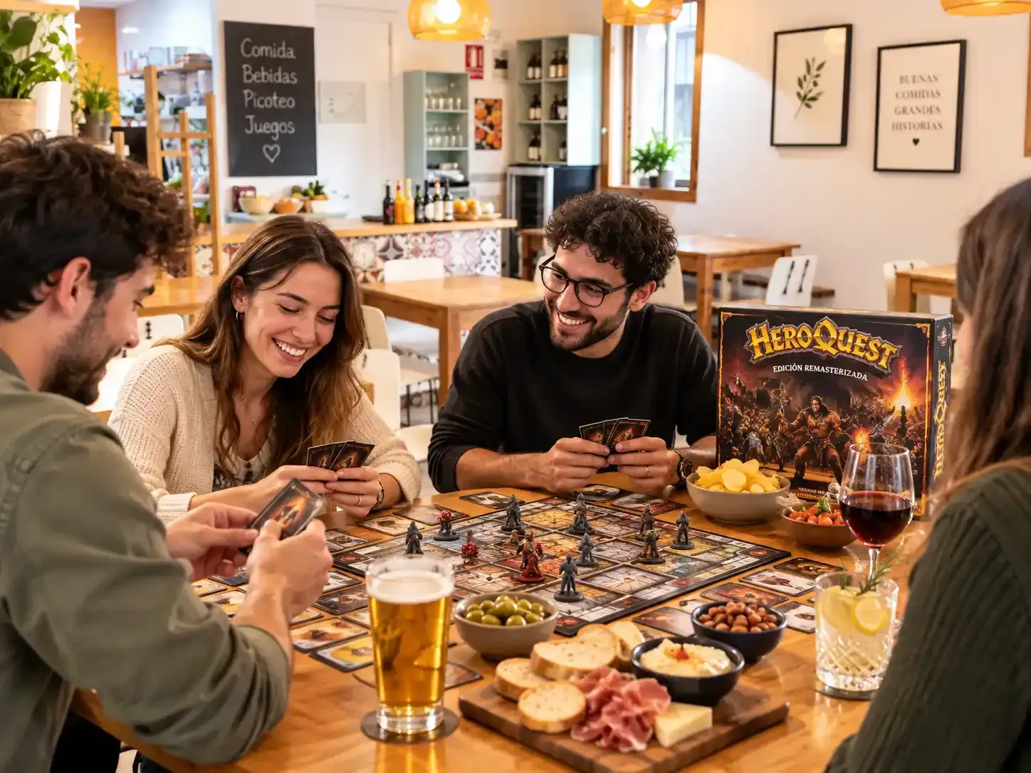 Un grupo de amigos jugando a un juego de mesa en una acogedora mesa de café, con bebidas y aperitivos.