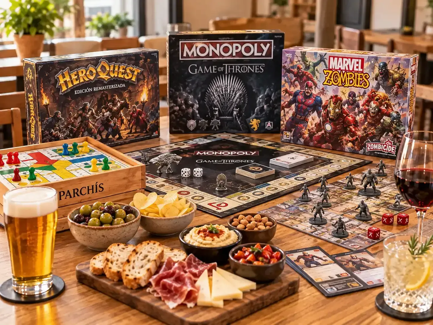 Noche de juegos de mesa con HeroQuest, Monopoly Juego de Tronos y aperitivos en la mesa.