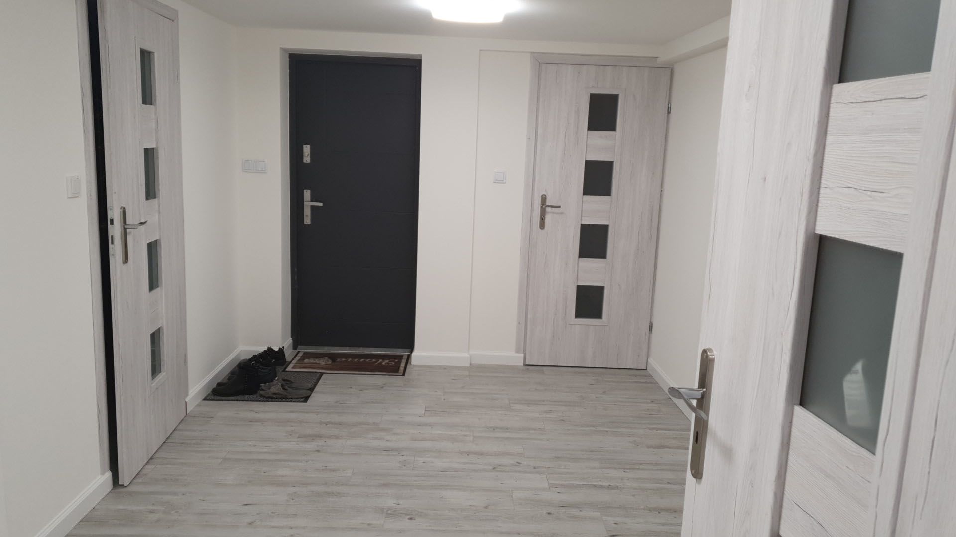 ein Flur mit einer schwarzen Tür und zwei weißen Türen.
