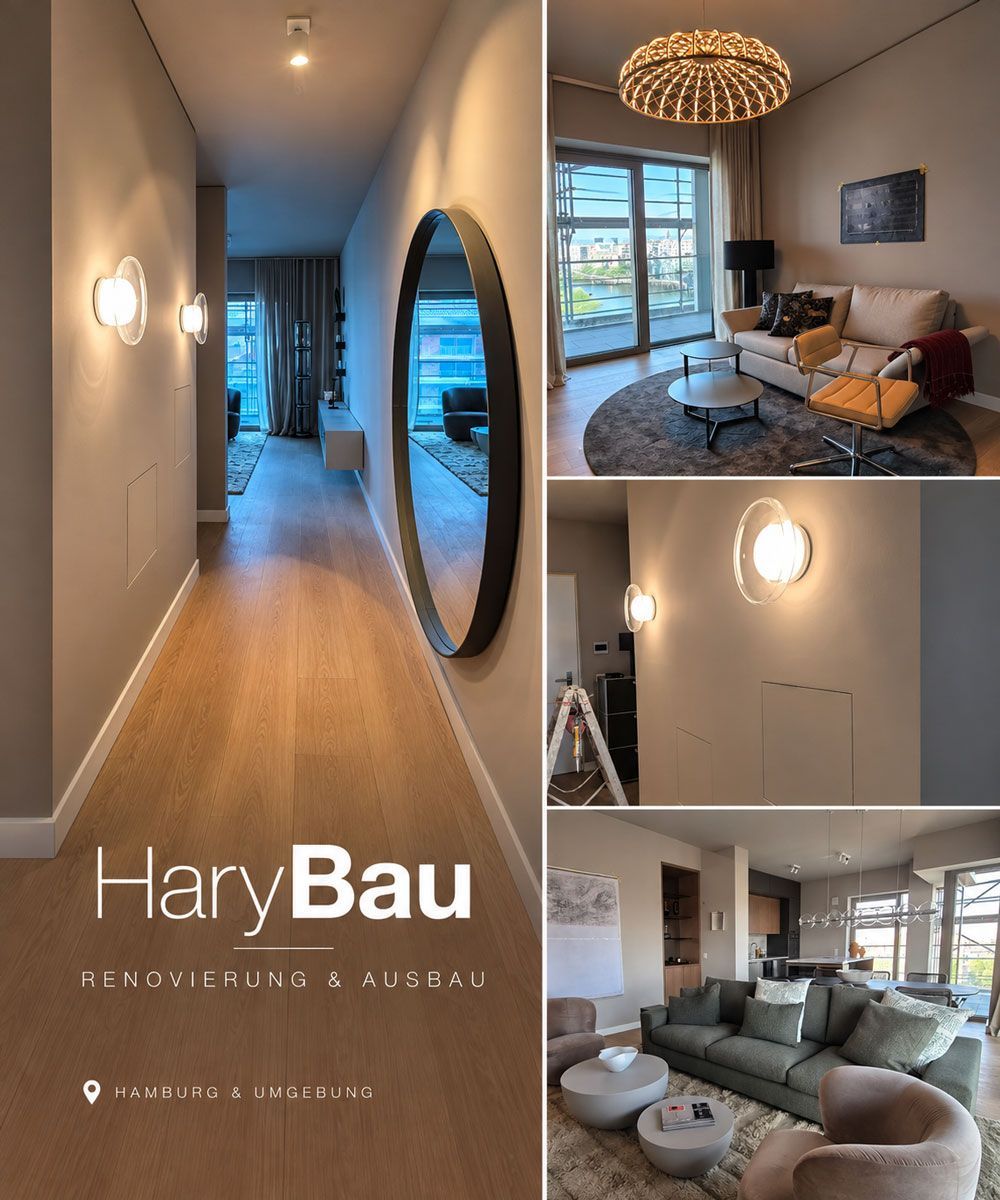 Moderne Wohnungscollage mit Flur, Wohnzimmer und Essbereich in neutralen Farbtönen