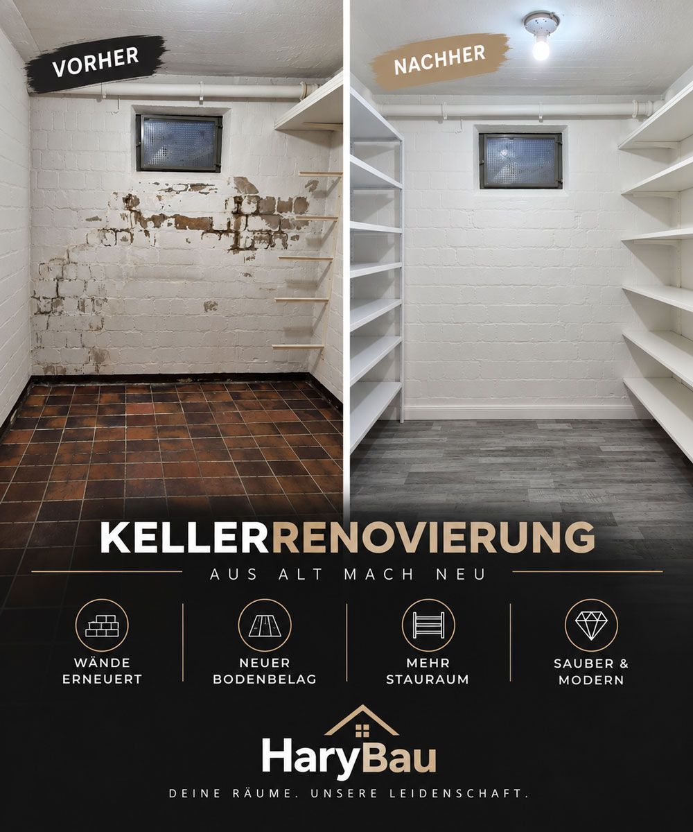 Vorher-nachher-Bilder der Kellerrenovierung: Alte Backsteinwände und -böden wurden durch strahlend weiße Regale und einen dunklen Boden ersetzt.