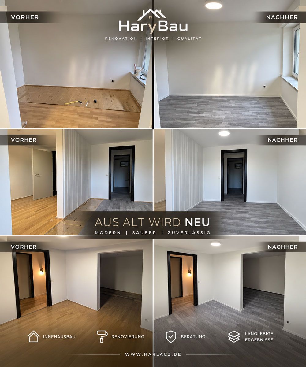 Renovierte Wohnungseinrichtung mit weißen Wänden, Holzböden, dunklen Türen und gefliestem Raum – Vorher-Nachher-Ansichten