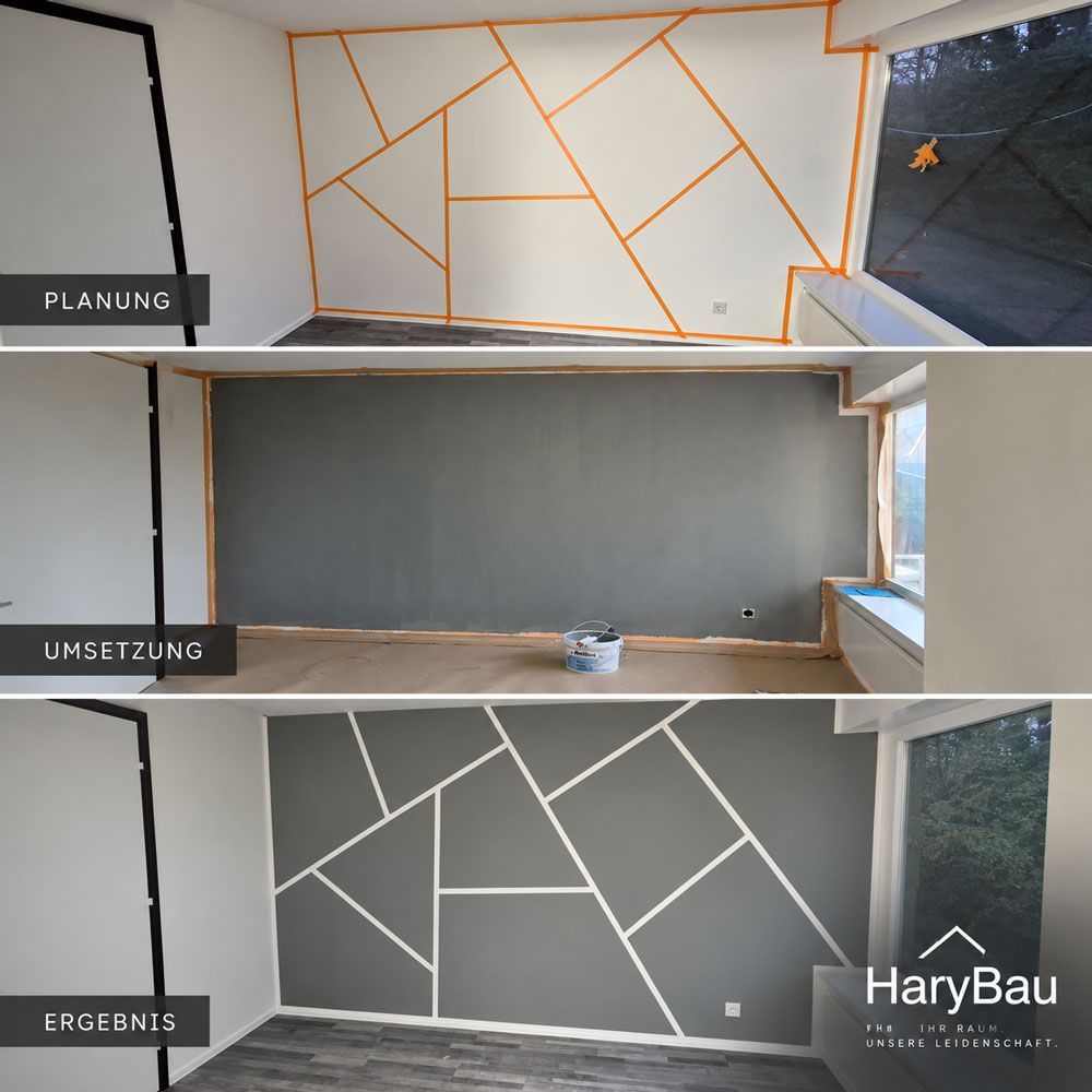 Dreiteiliges Wandanstrichverfahren: orange abgeklebter Plan, graue Wand in Bearbeitung, fertige weiße geometrische Linien.