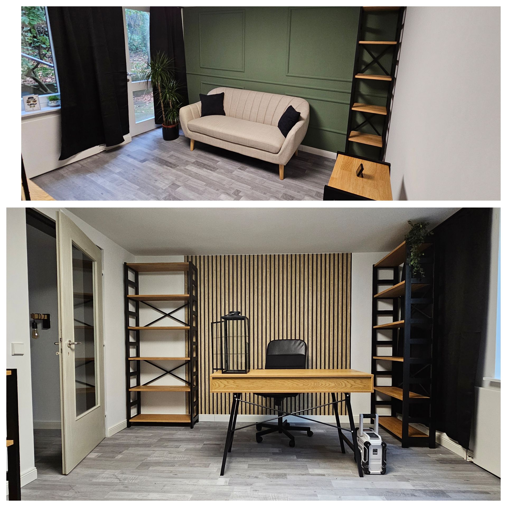 Ein Vorher-Nachher-Foto eines Wohnzimmers mit Couch und Schreibtisch