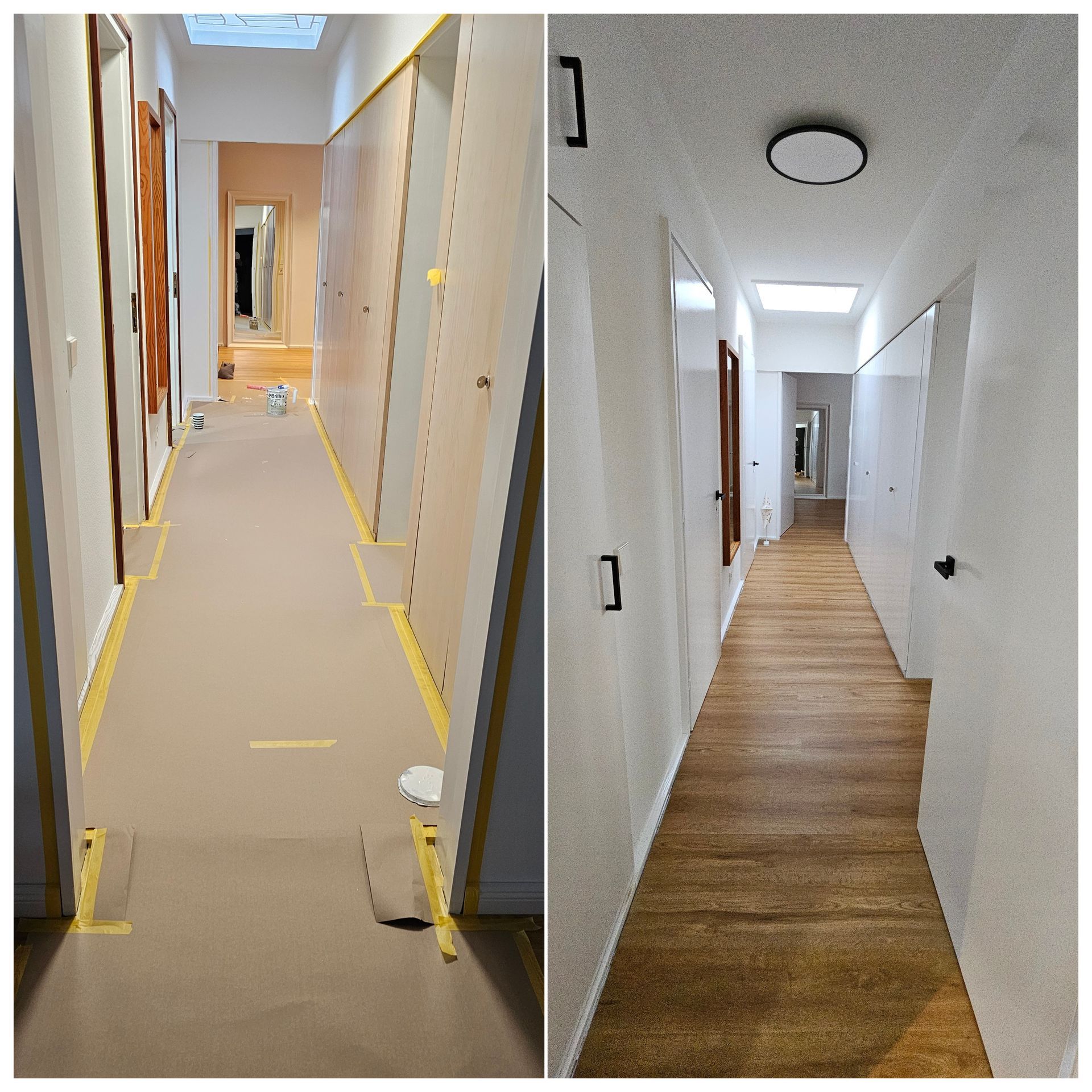 zwei Bilder eines Flurs vor und nach der Bemalung