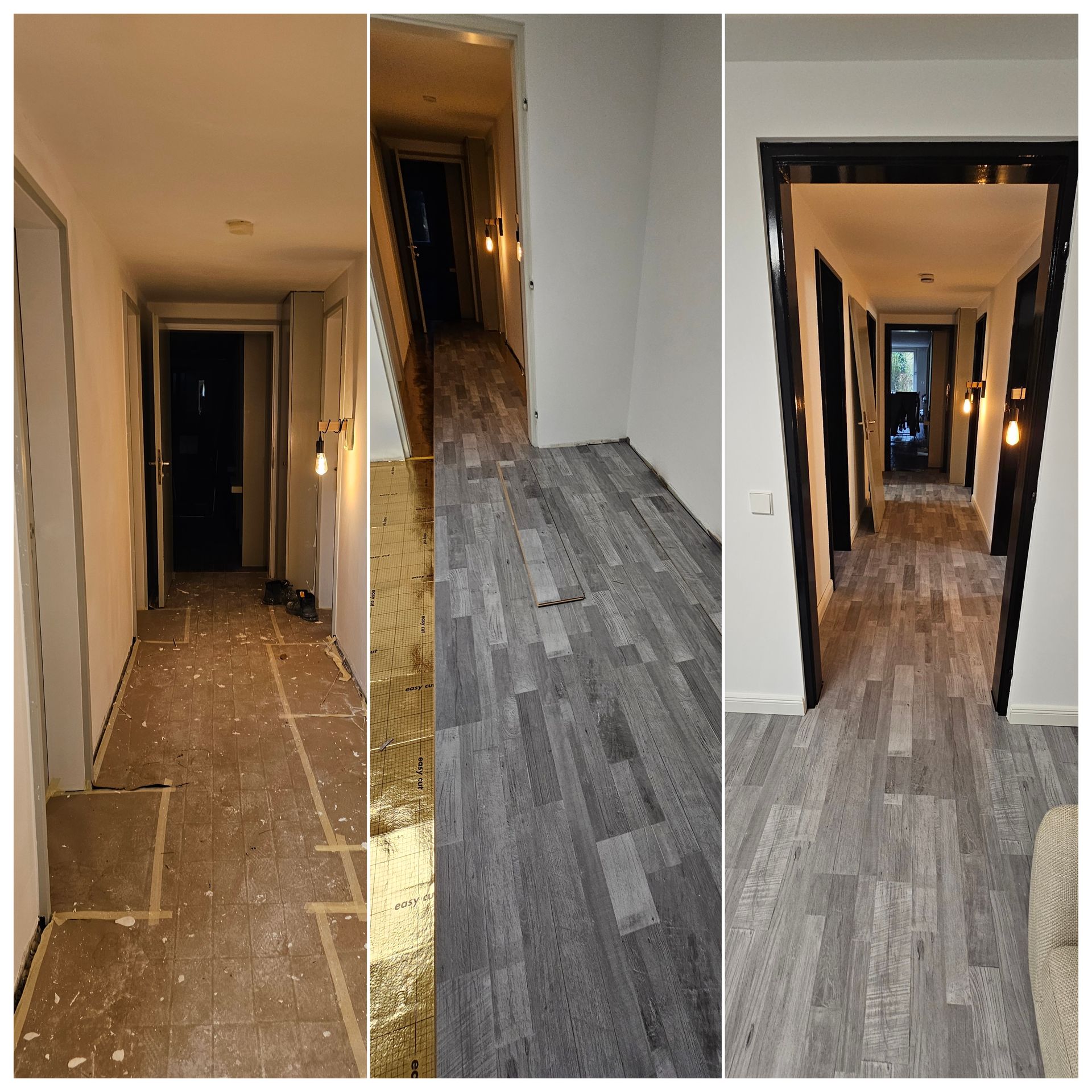 drei Bilder eines Flurs vor und nach dem Umbau