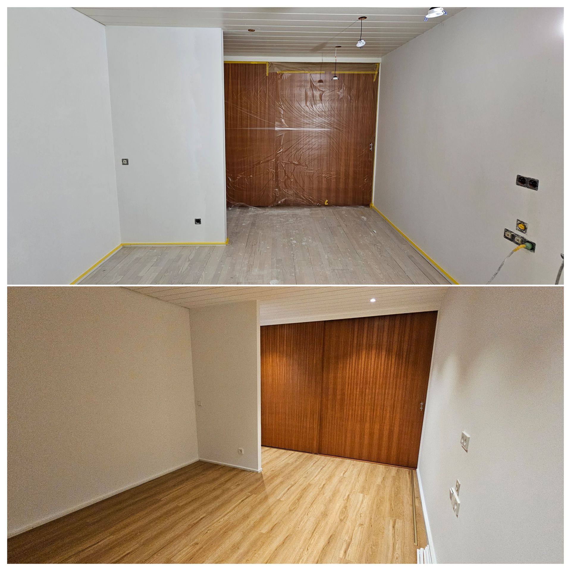 Ein Vorher-Nachher-Foto eines Zimmers mit Holzböden.