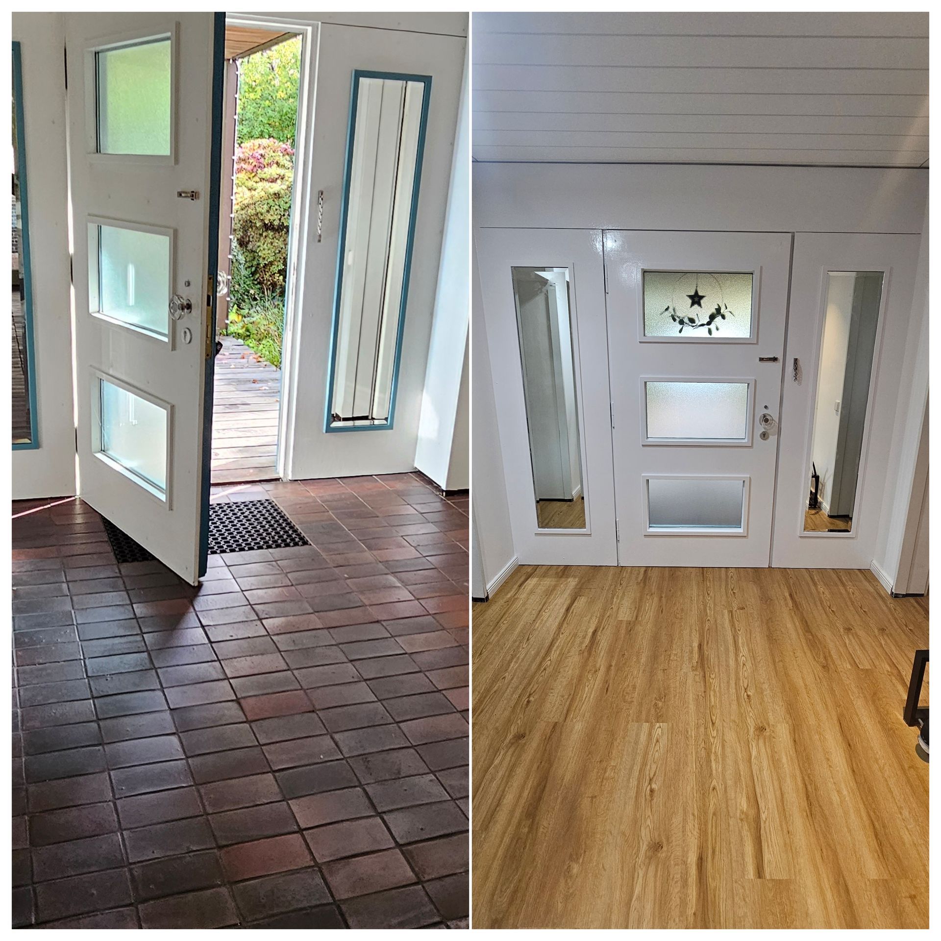 ein Vorher-Nachher-Bild einer Tür und eines Holzbodens.