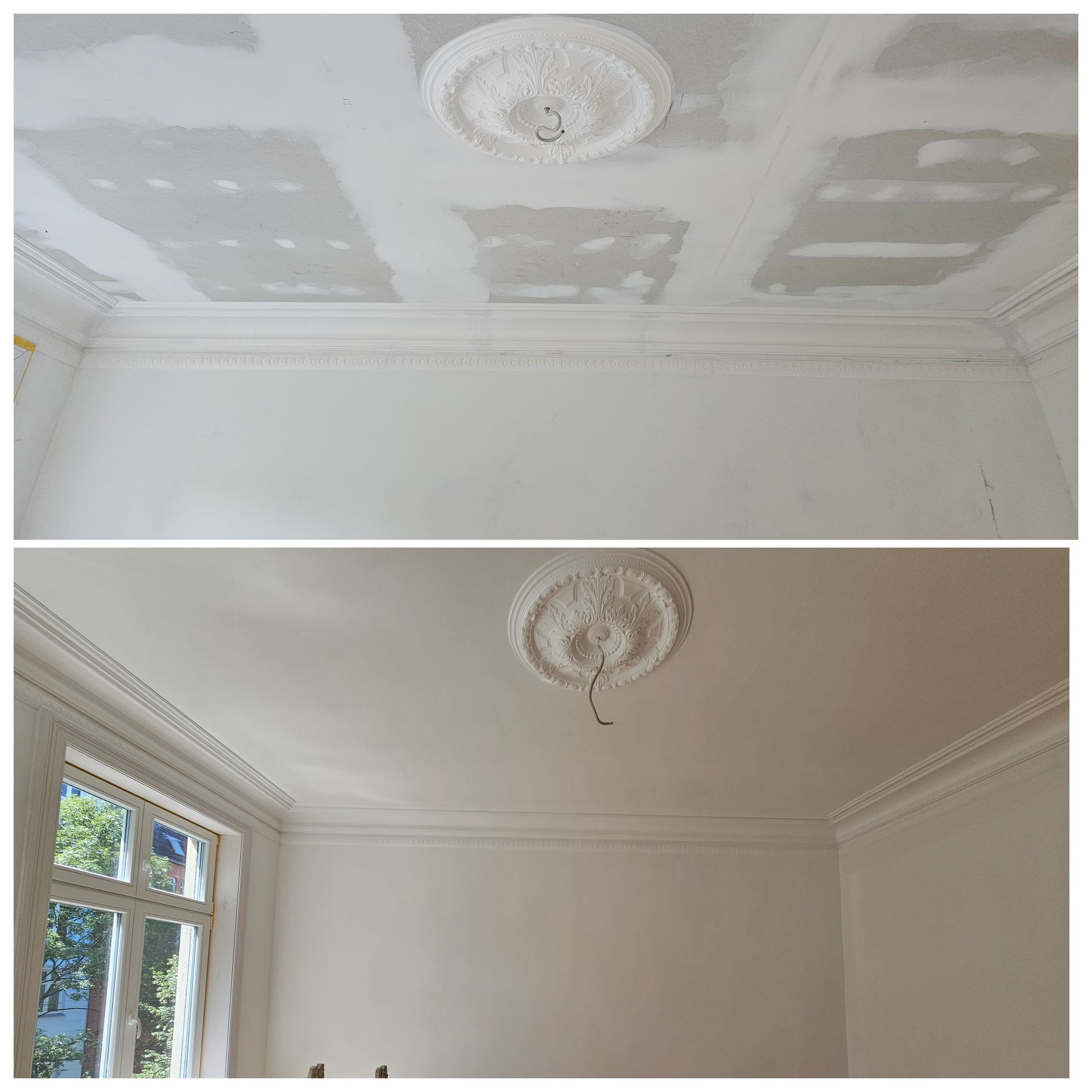 ein Vorher-Nachher-Bild einer Decke in einem Raum