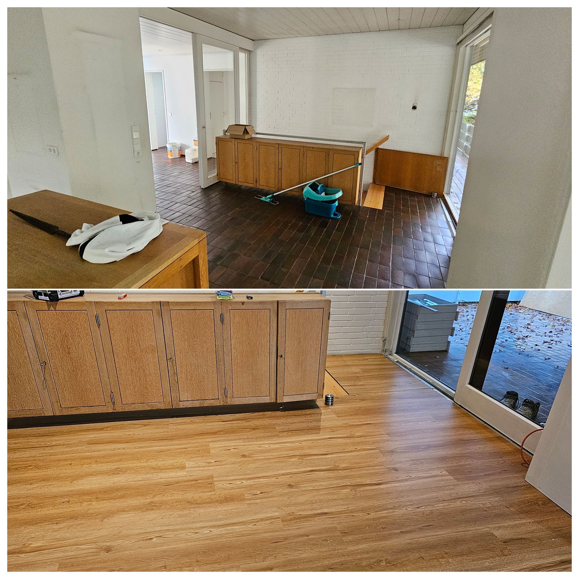 Ein Vorher-Nachher-Foto einer Küche mit Holzböden