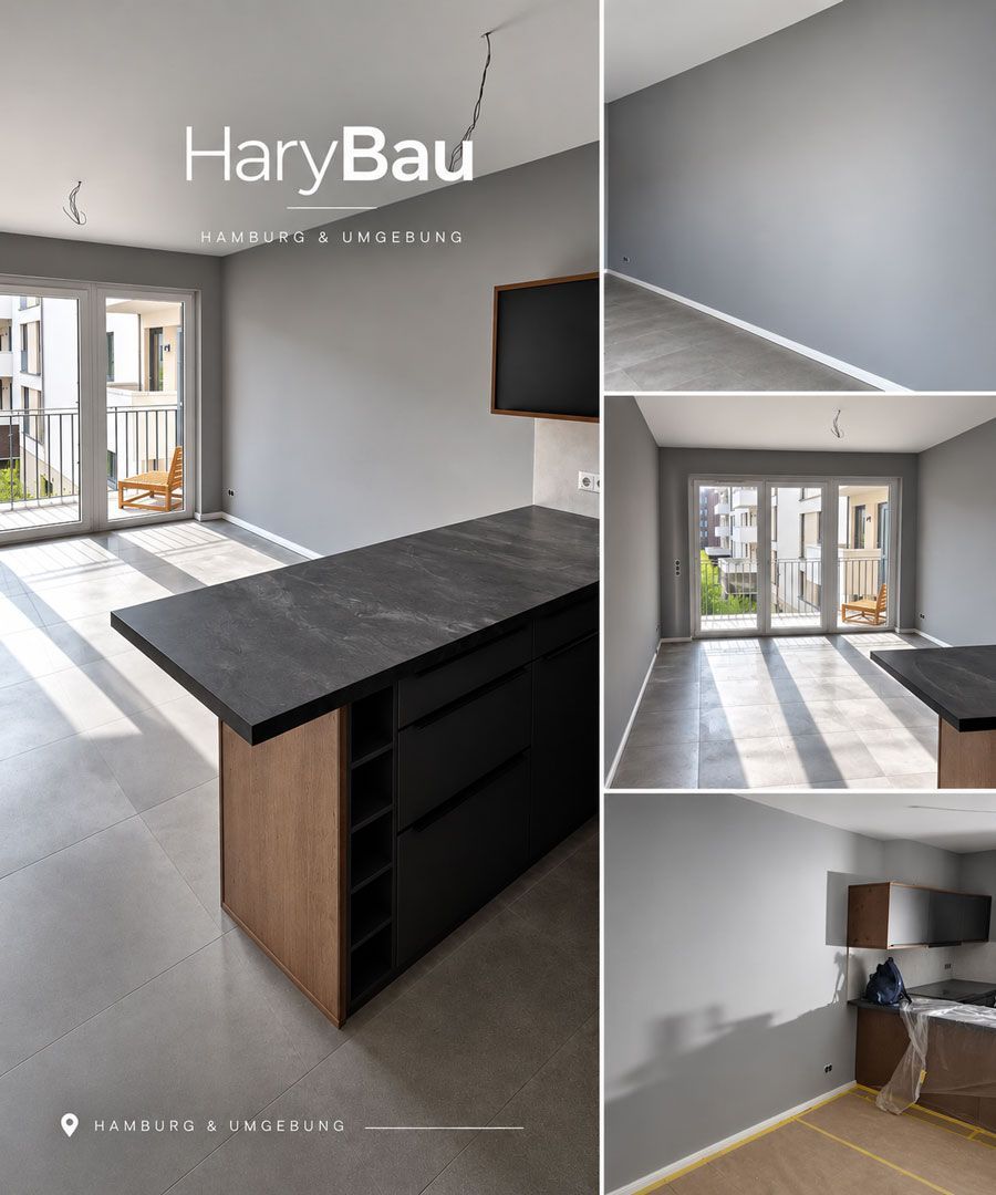 Moderne graue Küche mit schwarzer Kochinsel, Holzelementen und sonnendurchfluteten Glastüren