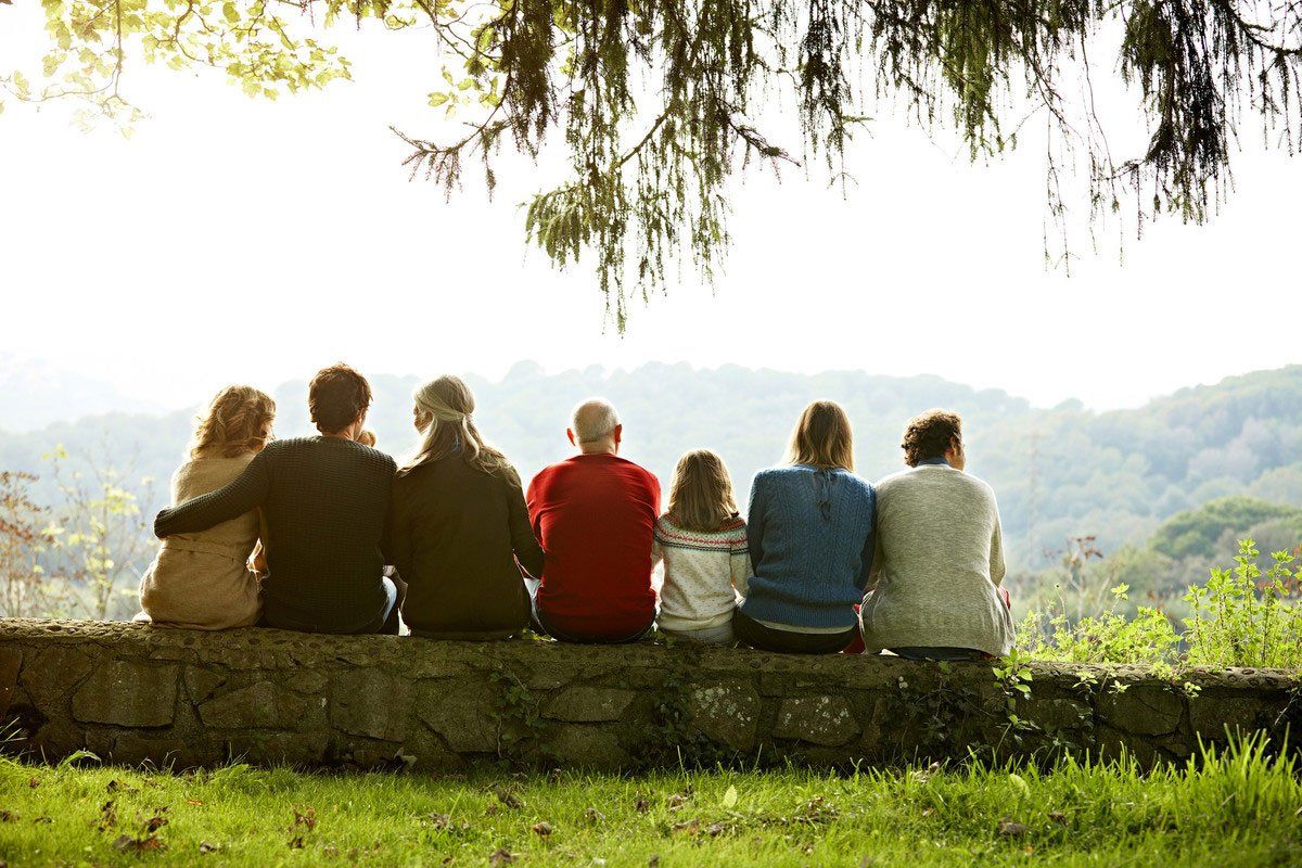 Famille assise sur un arbre.