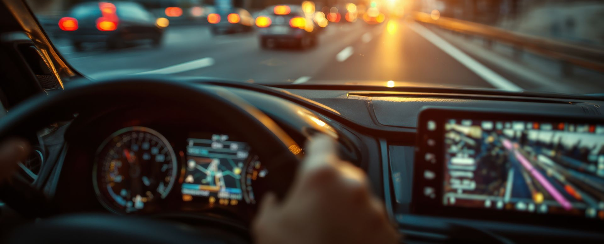 Vue de l'intérieur d'une voiture roulant sur une autoroute au crépuscule ; tableau de bord et main sur le volant en premier plan.