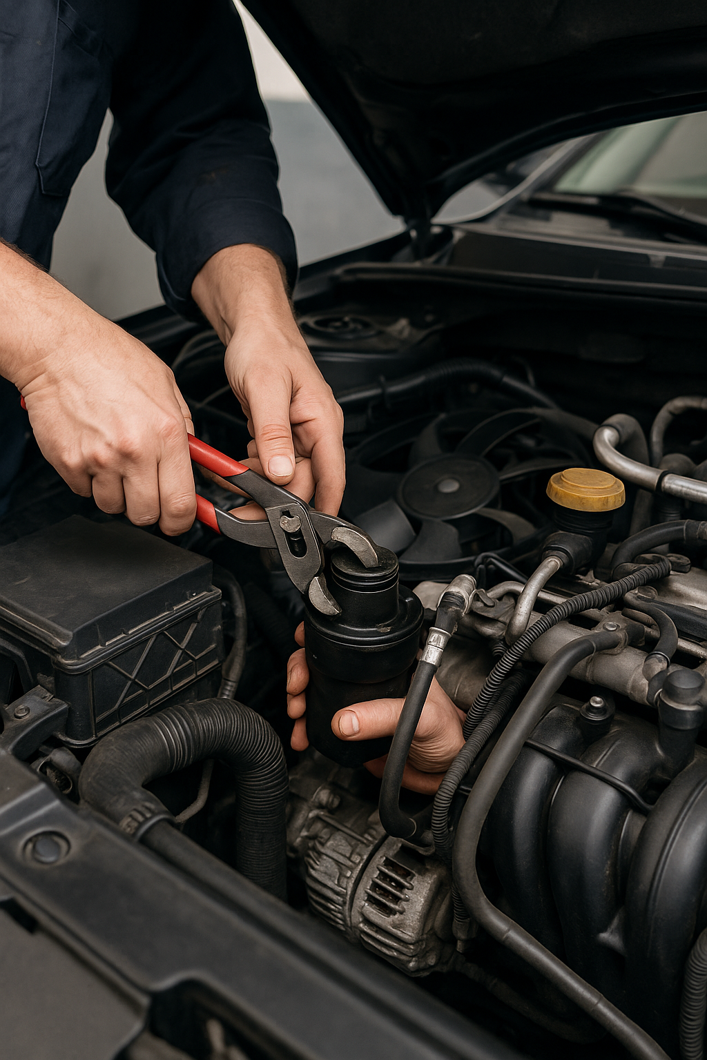 Un homme travaille sur le moteur d'une voiture avec des pinces.